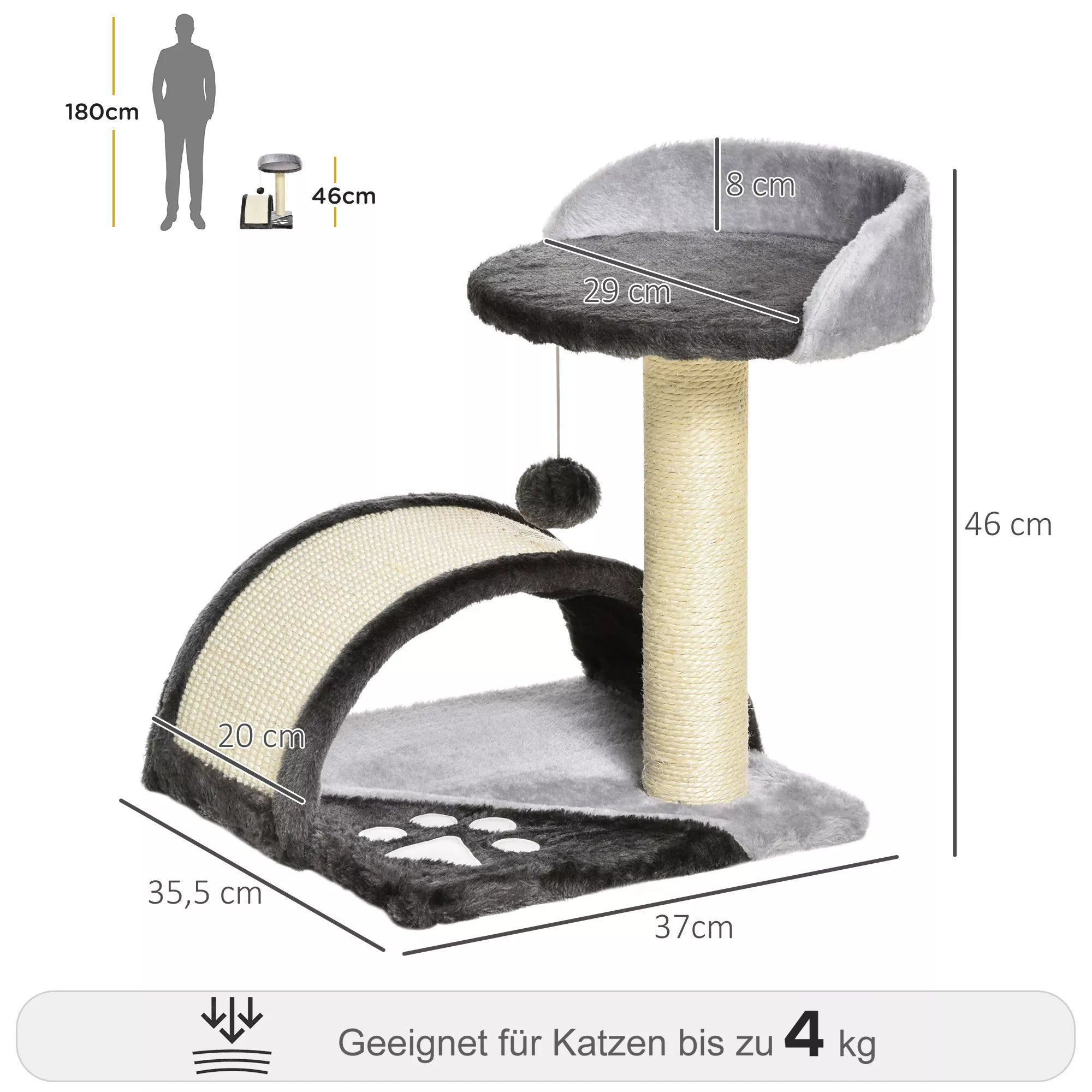 Kaķu tornis 46 cm Mazs kaķu tornis ar gultu, rotaļu bumbu, sizala virvi, paceltu platformu, kaķu skrāpējamo kasti, kāpšanas koku, kaķiem līdz 4 kg, tumši pelēks