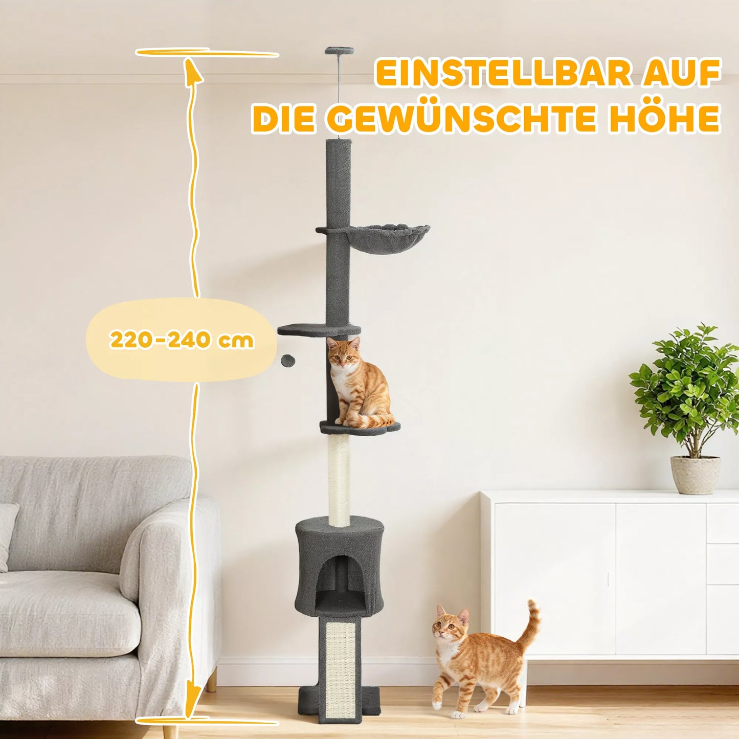 Kačių medis, urvas, hamakas, reguliuojamo aukščio, draskyklė su audinio danga, pilkas