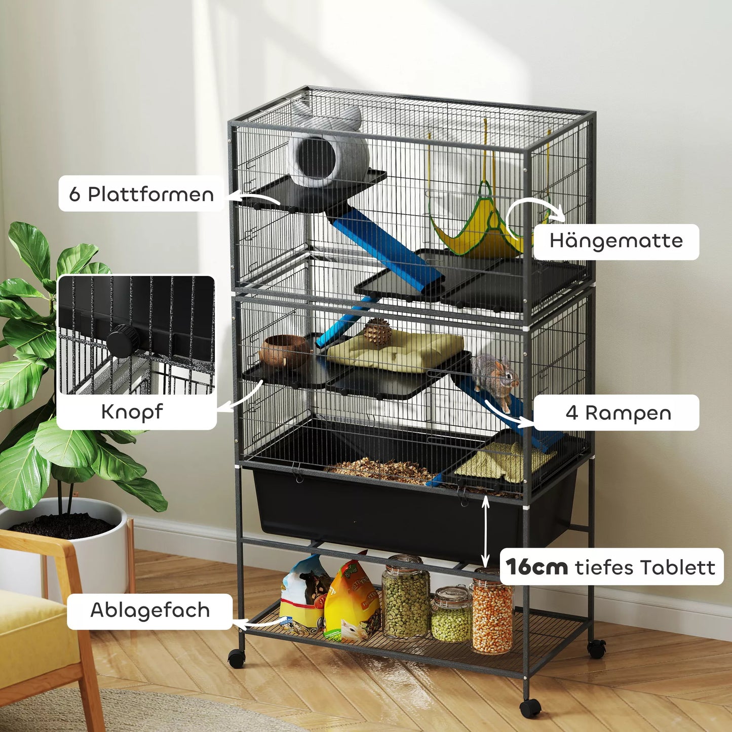 Mažų gyvūnų narvas, naminių gyvūnų narvas su 5 lygiais, neslidžios rampos, hamakas, 88 x 48 x 150,5 cm, tamsiai pilkos spalvos