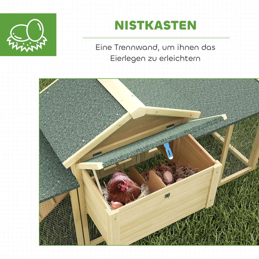 Koka vistu kūts ar dējējligzdu, ūdensnecaurlaidīgu jumtu, laktu, aploku un rampu, 204 x 85 x 93 cm, dabīgā koka krāsā