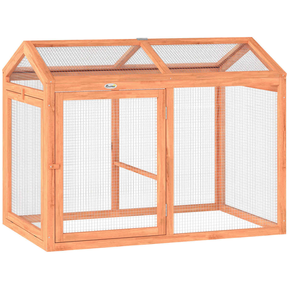 Lauko aptvaras vištoms 104x70,5x84 cm, medinis, su lakta ir dvejomis durimis, 2 vištoms, oranžinis