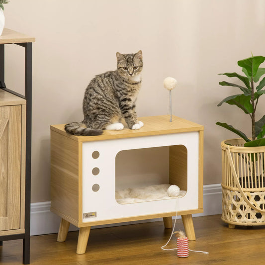 Cat house TV design, with toy, washable cushion, 50 cm x 28 cm x 43 cm, Oak + beige + white