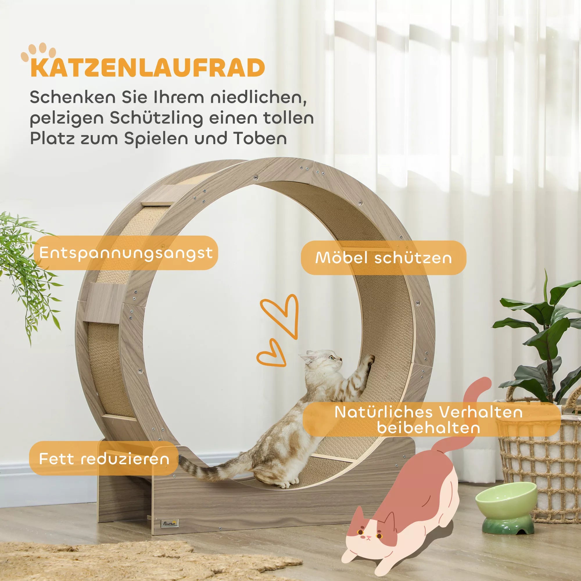 Kaķa skriešanas ritenis, 91 cm, ar bremzi un skrāpēšanas stabu, veselīgai kustībai, valrieksta krāsā