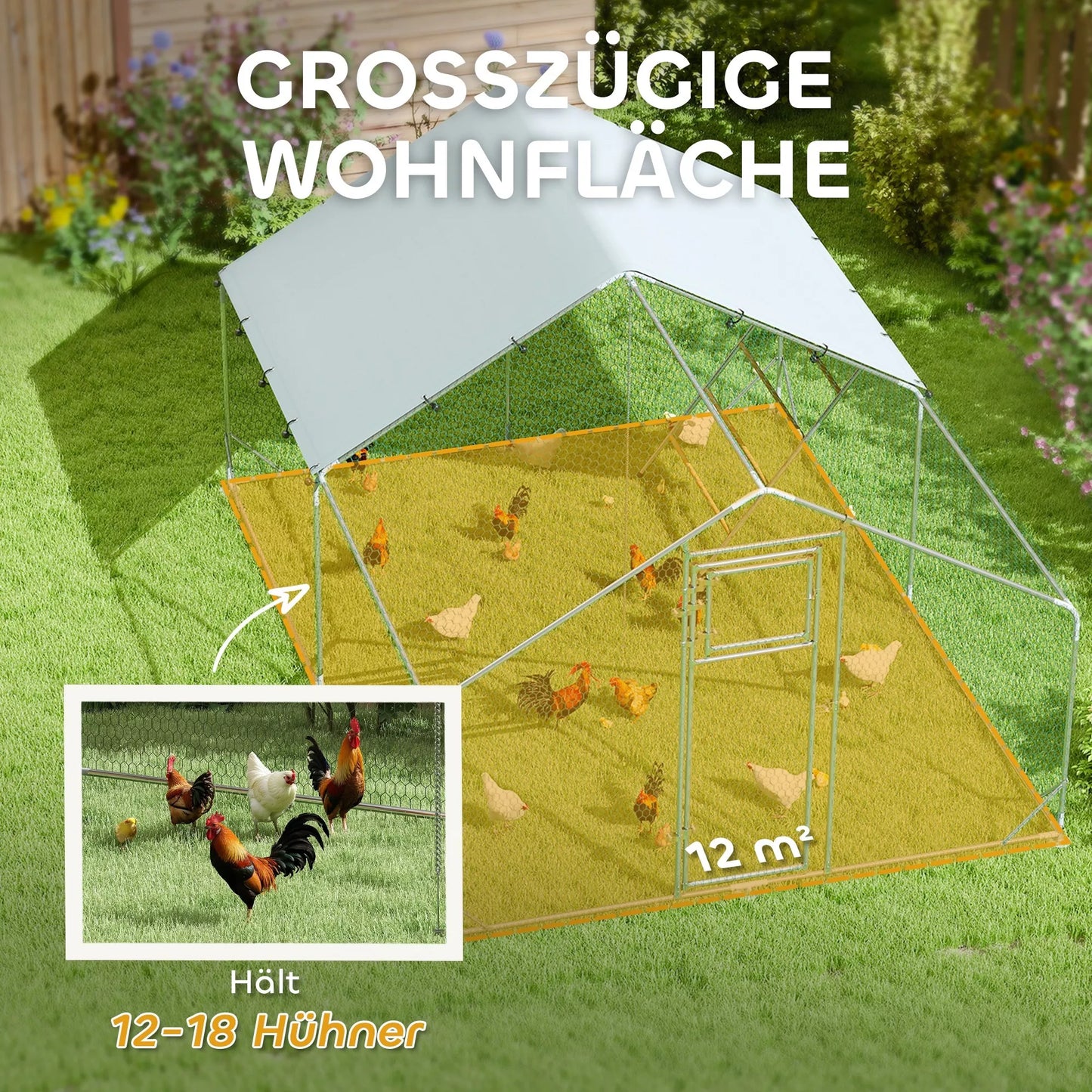 Vištidė, lauko aptvaras vištoms, su UV spinduliams atspariu tentu, plieninėmis grotelėmis, automatiniu lesintuvu, skirta 12-18 vištų