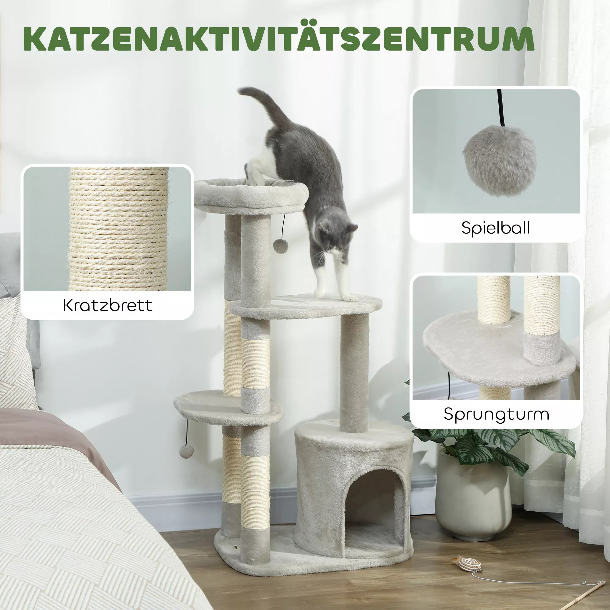 Kaķu māja 114 cm, kaķu tornis ar gultu, sizala stabi, platforma, daudzlīmeņu vidēja lieluma kaķiem līdz 6 kg, gaiši pelēka