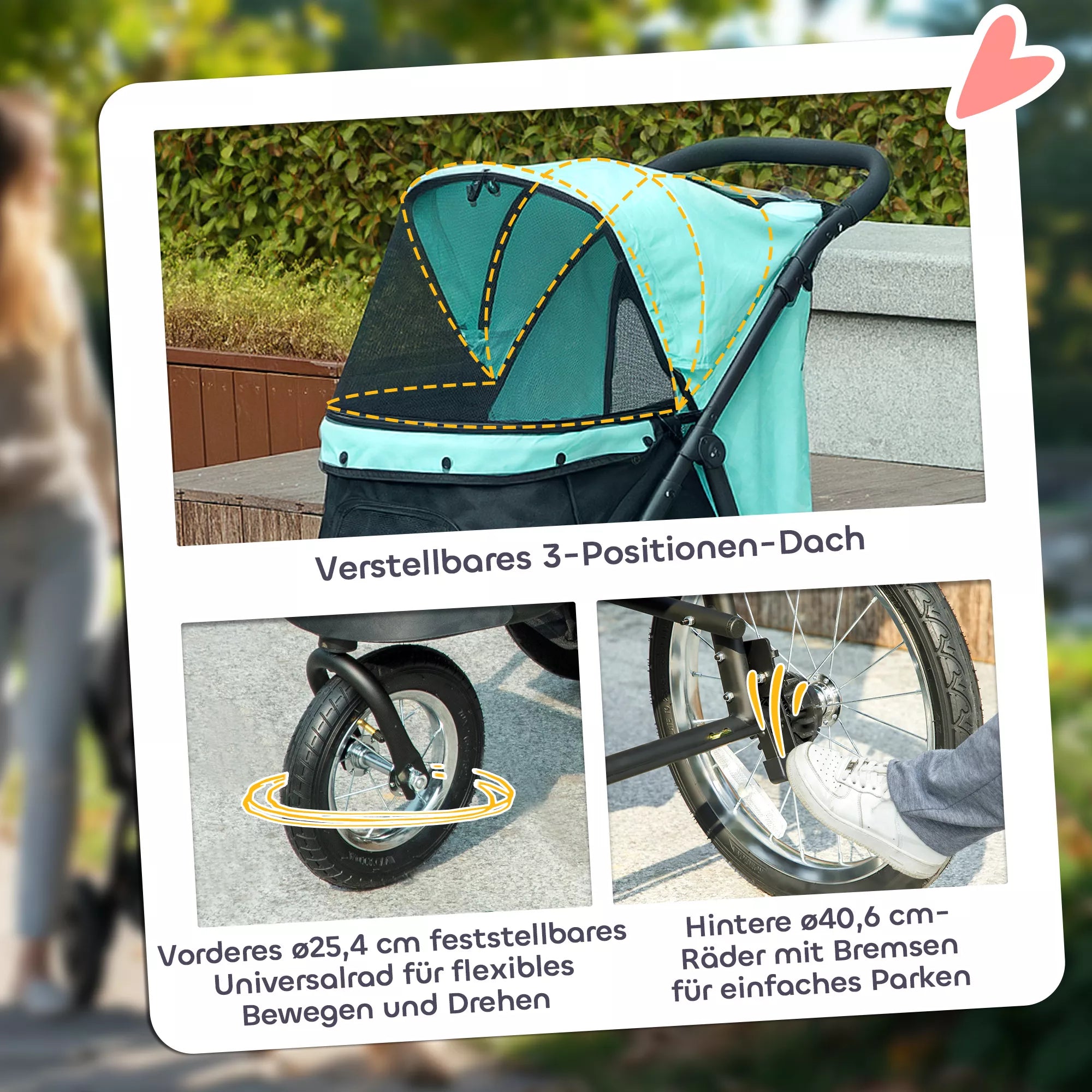 Šunų vežimėlis, naminių gyvūnėlių vežimėlis mažoms šunims ir katėms, su daiktų laikymo krepšeliu, vienu spragtelėjimu sulankstomas, turkio spalvos