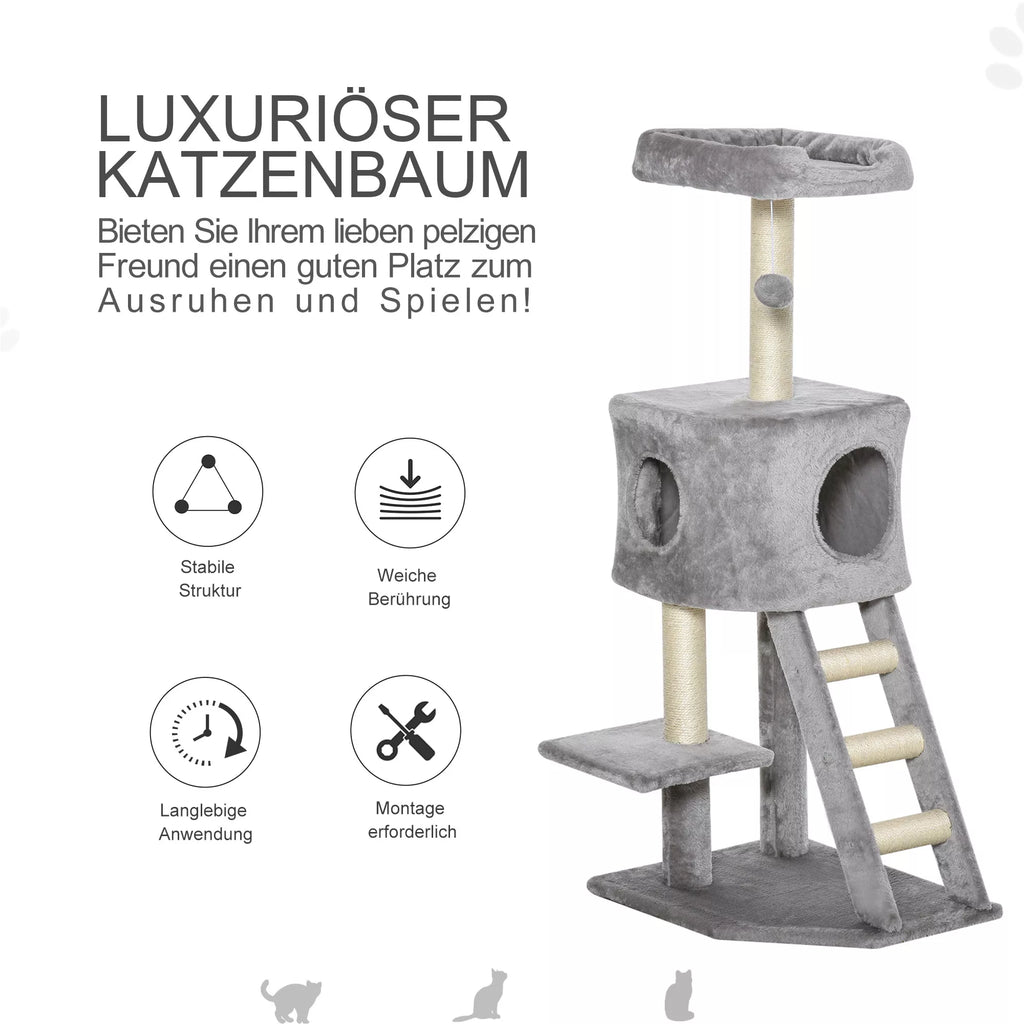 Kaķu koks 120 cm, kaķu tornis ar alu, rotaļu bumbu, sizala stabiem, platformu, pakāpieniem, daudzlīmeņu kaķu skrāpējamo stabu, kāpšanas koks kaķiem, gaiši pelēks