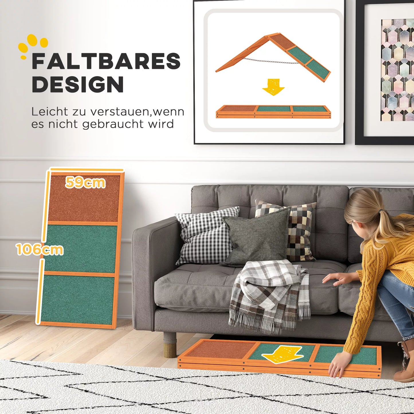 Agility šunų rampos, sulankstoma, reguliuojamas aukštis, neslystanti, eglės mediena, iki 40 kg, 173 x 59 x 66 cm, oranžinė/žalia