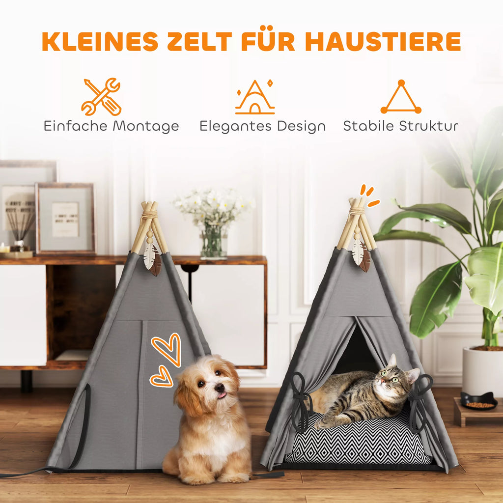 Tipi telts mājdzīvniekiem, Tipi dizaina mājdzīvnieku gulta, Kaķu telts ar spilvenu, Suņu gulta gulēšanai, Kaķu gulta, Pelēka