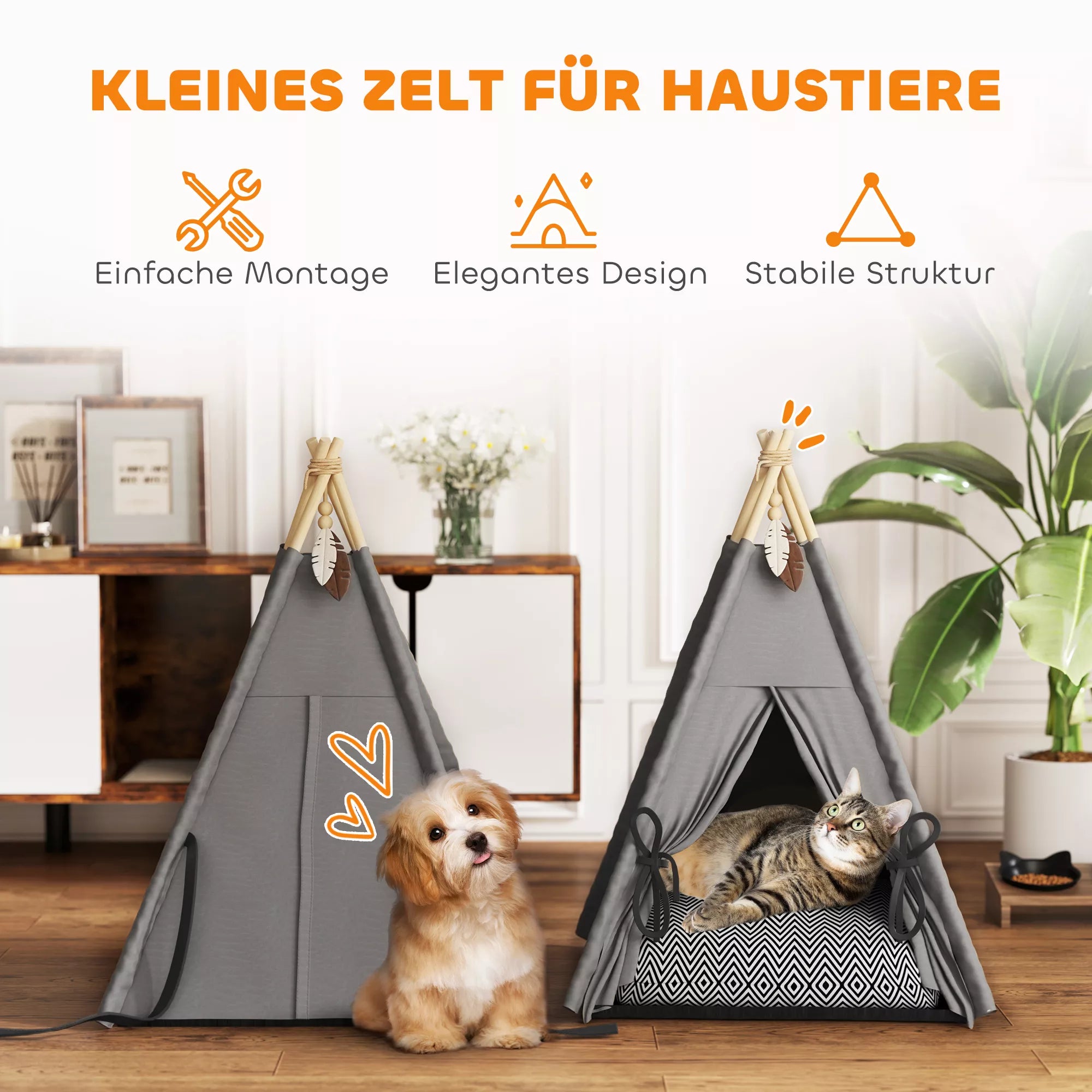 Tipi telts mājdzīvniekiem, Tipi dizaina mājdzīvnieku gulta, Kaķu telts ar spilvenu, Suņu gulta gulēšanai, Kaķu gulta, Pelēka