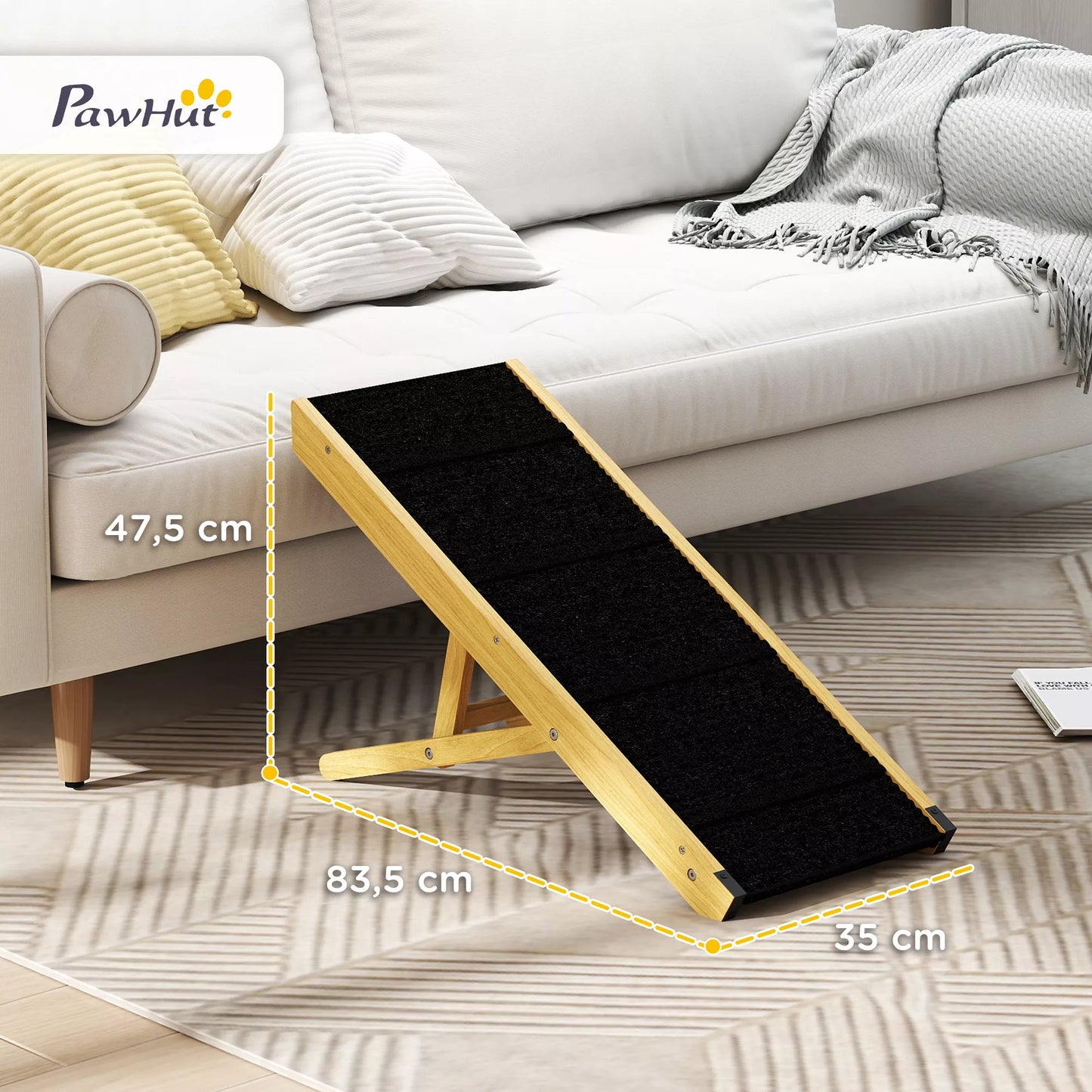 Naminių gyvūnų rampa, reguliuojama, 4 pakopos, neslidži, pušies medžio, sulankstoma, skirta šunims iki 15 kg