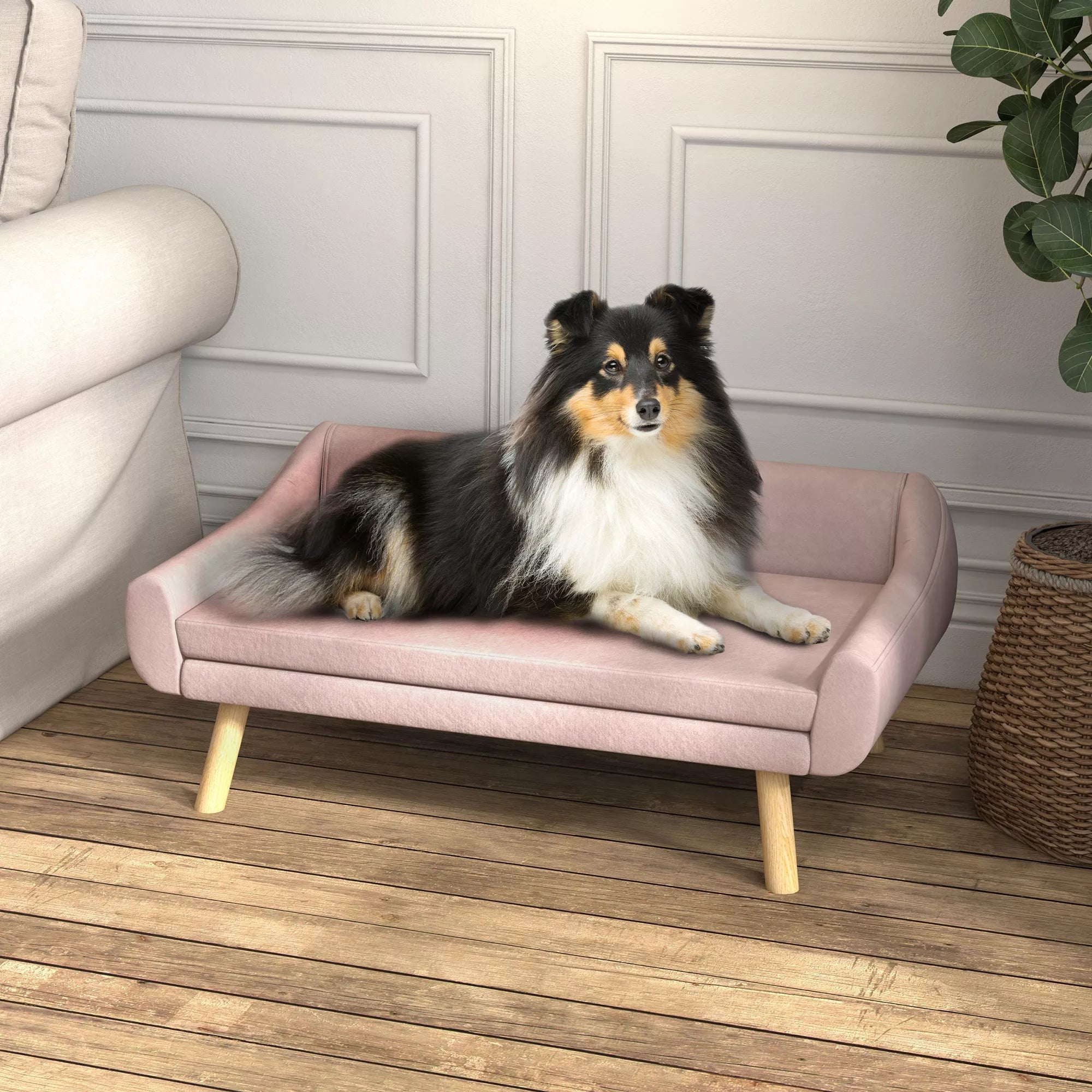Gyvūnėlių sofa šuniukams, skandinaviško dizaino, su nuimama pagalvėle, veliūrinė išvaizda, 102 cm x 58,5 cm x 42,5 cm, rožinė + natūrali