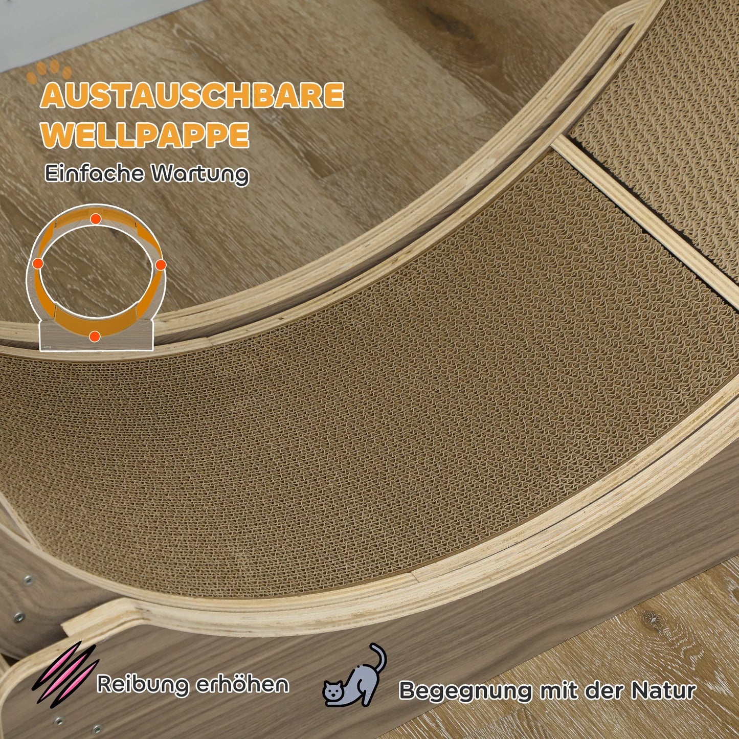 Katės bėgimo ratas, 91 cm, su stabdžiu ir draskykle, sveikam judėjimui, riešuto spalvos