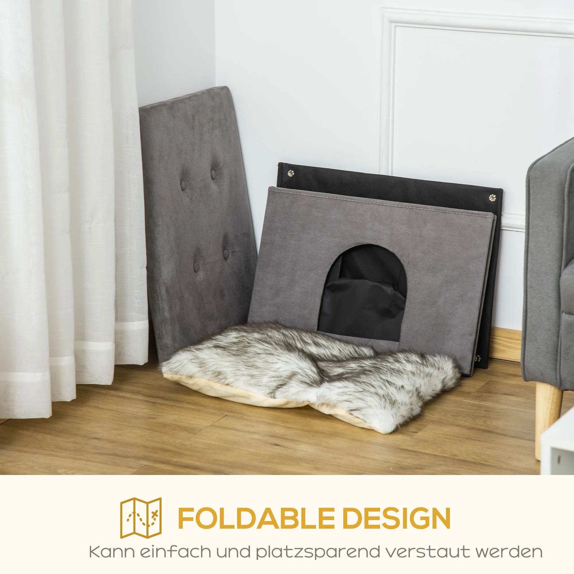 2-IN-1 kačių urvas pufas su pagalvėle medinės kojos kačių namelis kačių krepšys minkštas paminkštintas ottomanas elegantiškas dizainas nuimamas MDF pliušas pilkas 60 x 45 x 44,5 cm
