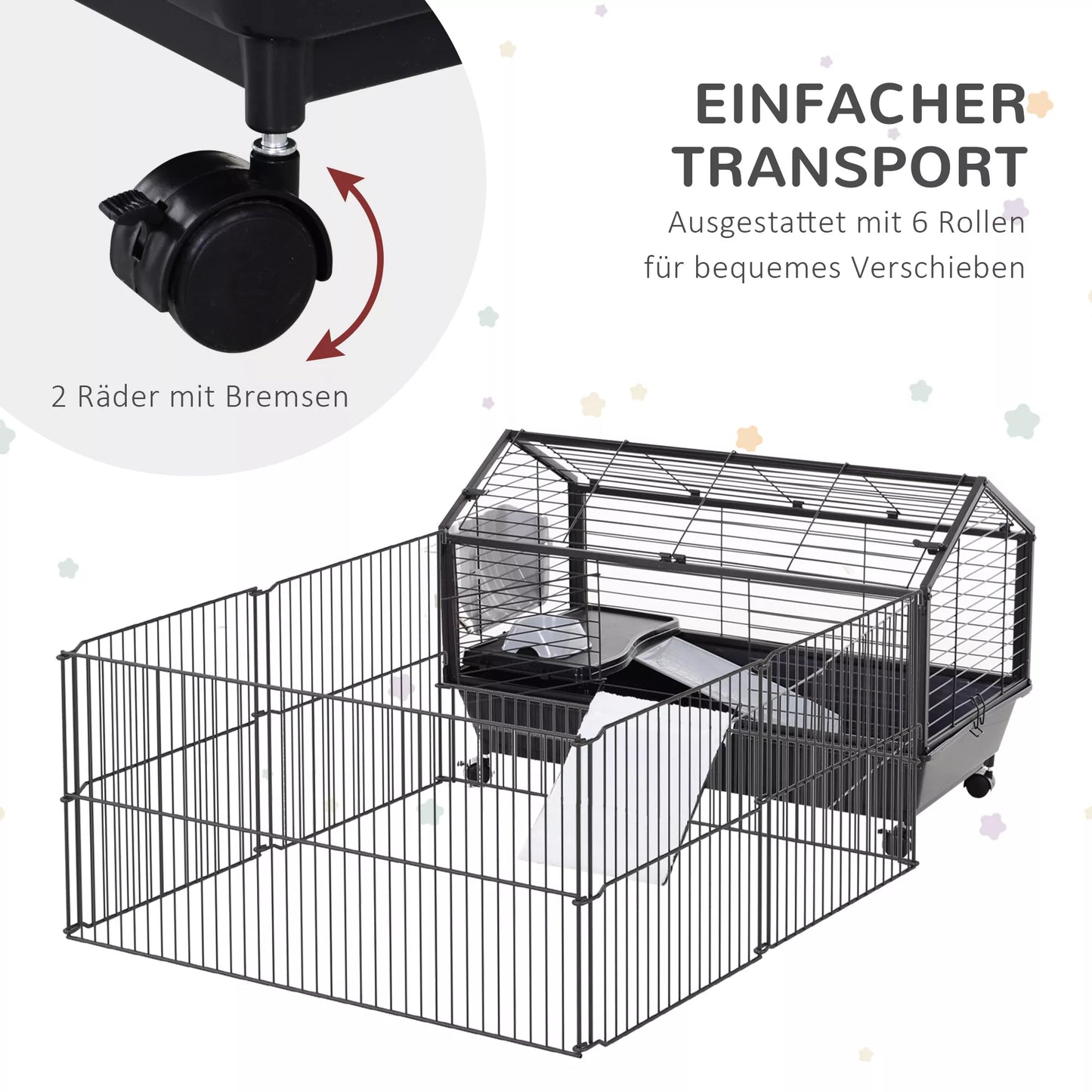 Pawhut Smulkių gyvūnėlių narvas su lauko aptvaru ir priedais, 88 cm x 128,5 cm x 56 cm, 4 ratukai, juodas, metalas, polipropilenas