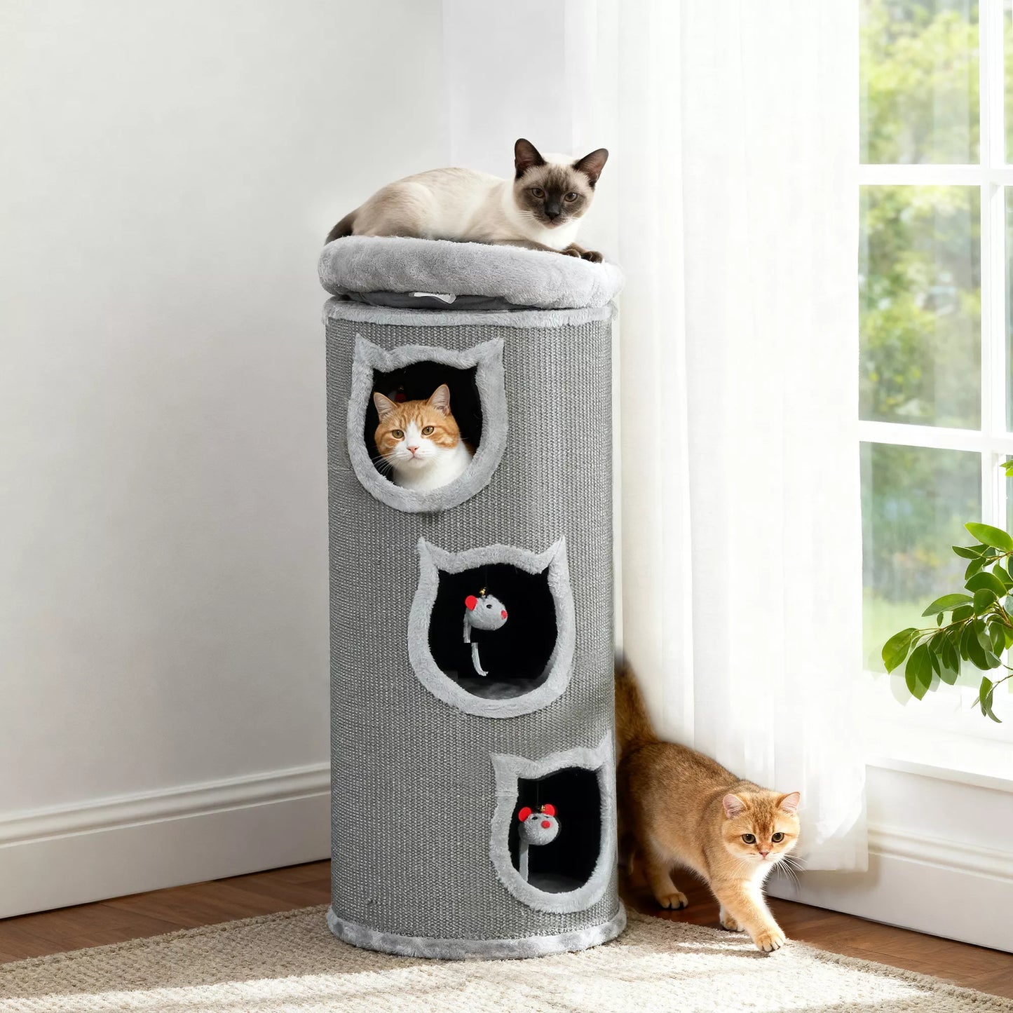 Katilinės draskyklė, 96 cm, 4 lygių katės bokštas su skalbiamu guoliu, 3 miegamosios olos, kabantys žaislai, daugeliui kačių, pilka