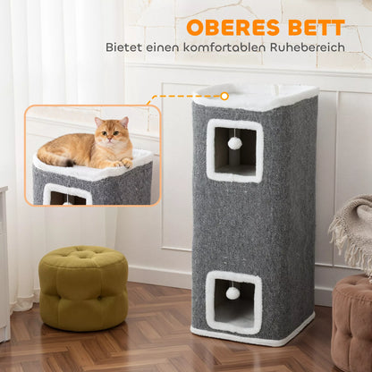 4 pakopų katės bokštas, draskyklė su 3 guoliavietėmis, medžio drožlių plokštė, žaisliniai kamuoliukai, pilka