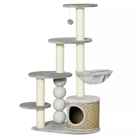 Kačių draskyklė su kačių nameliu, hamaku ir 3 draskymo stulpais 60 cm x 40 cm x 115,5 cm šviesiai pilka