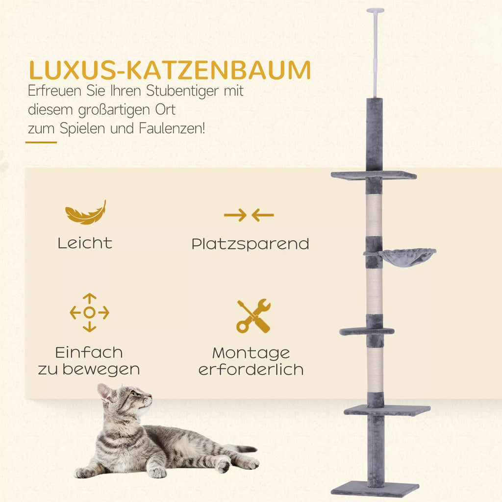 Kaķu māja līdz griestiem, regulējams augstums, stabils kaķu koks ar sizala stabiem, kaķu kāpšanas koks, pelēks, 40 x 34 x 230-260 cm