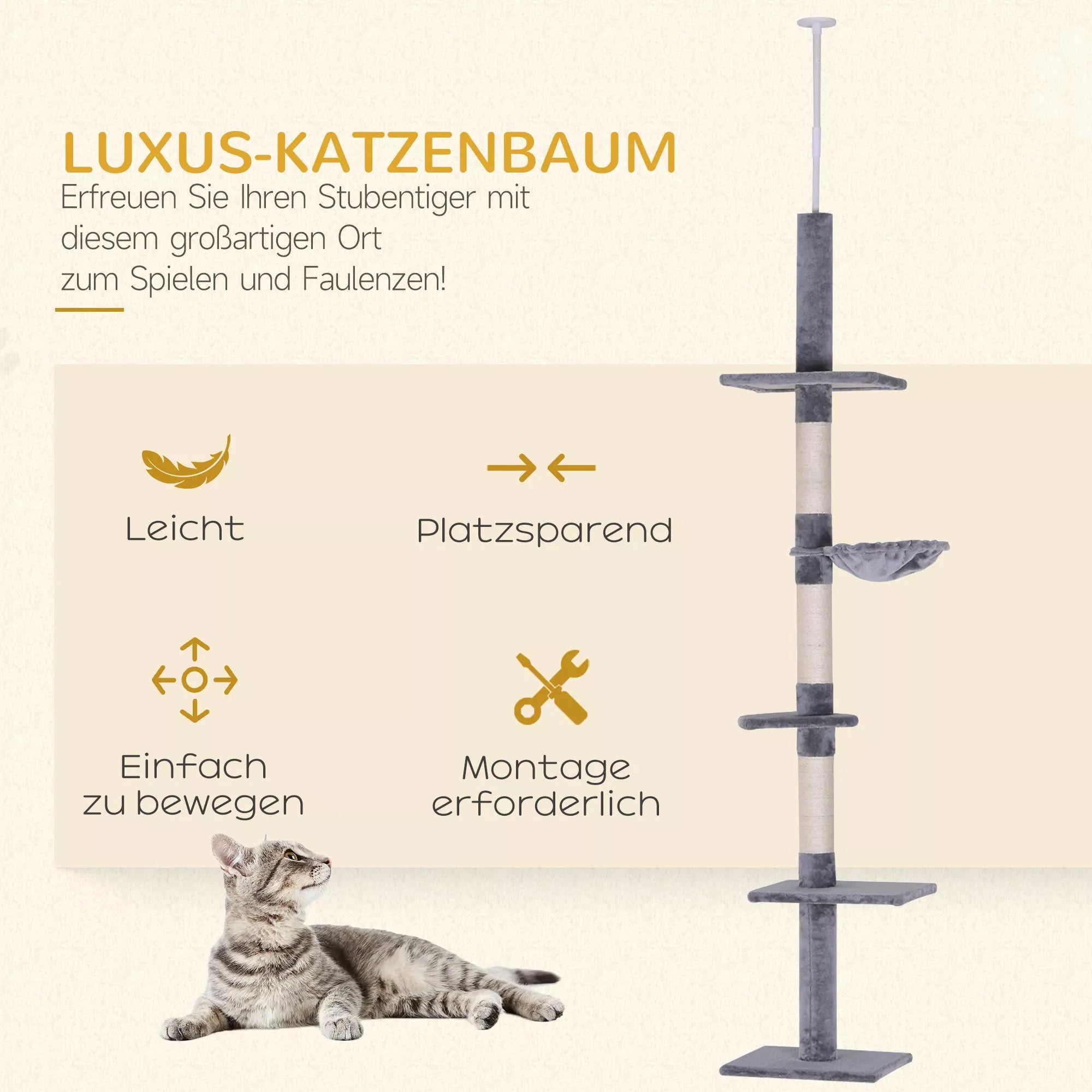 Kaķu māja līdz griestiem, regulējams augstums, stabils kaķu koks ar sizala stabiem, kaķu kāpšanas koks, pelēks, 40 x 34 x 230-260 cm