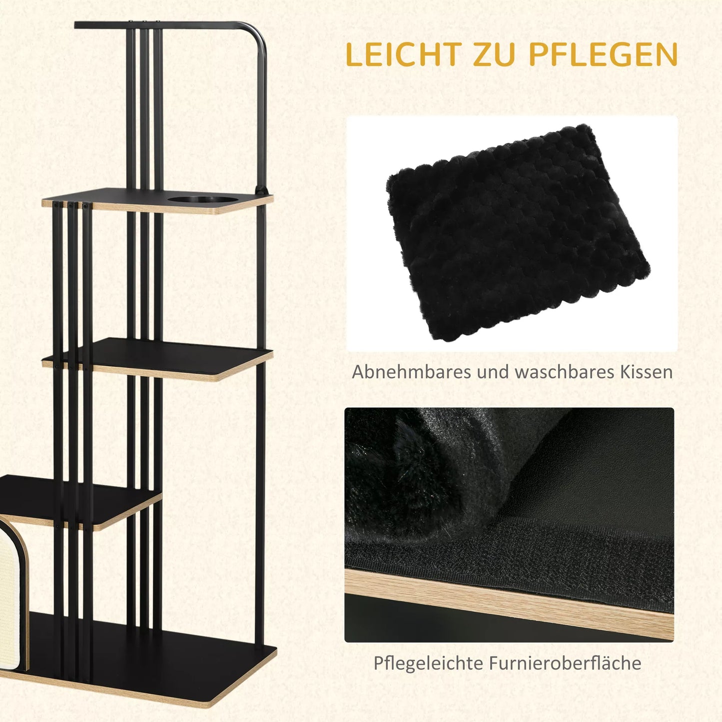 Kačių medelis, pramoninis dizainas, 3 platformos, 2 gulimosios pagalvėlės, grandymo siena, plieninis rėmas, juodos spalvos, 85 x 48 x 170 cm