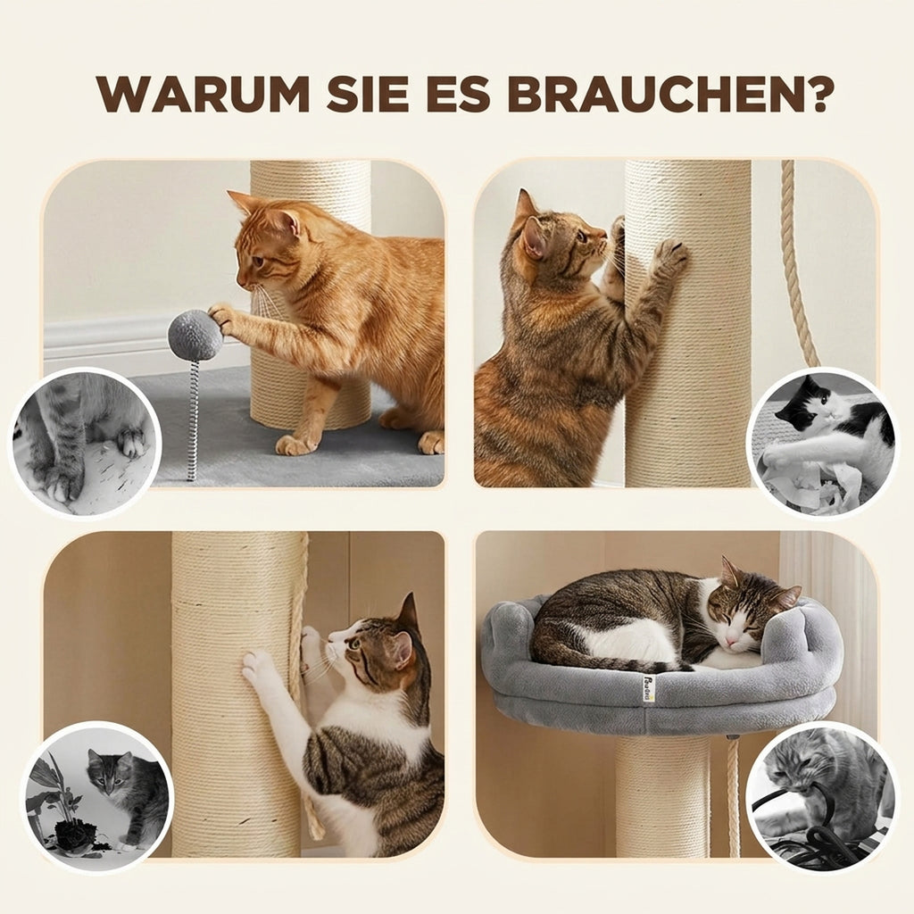 Draskyklė 83 cm su guoliu, sizalio stulpu ir žaislu, katėms iki 6 kg, 55x55 cm, pilka