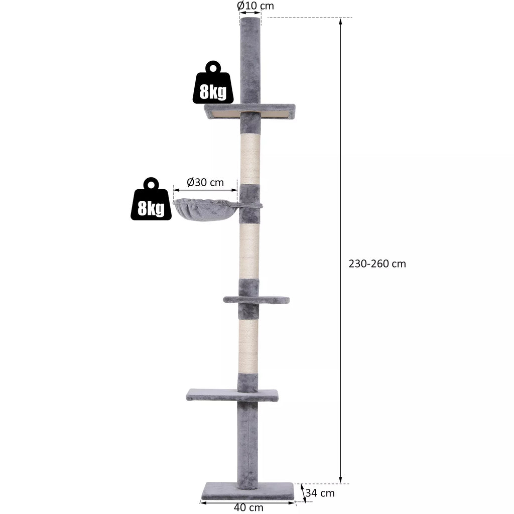 Kaķu māja līdz griestiem, regulējams augstums, stabils kaķu koks ar sizala stabiem, kaķu kāpšanas koks, pelēks, 40 x 34 x 230-260 cm
