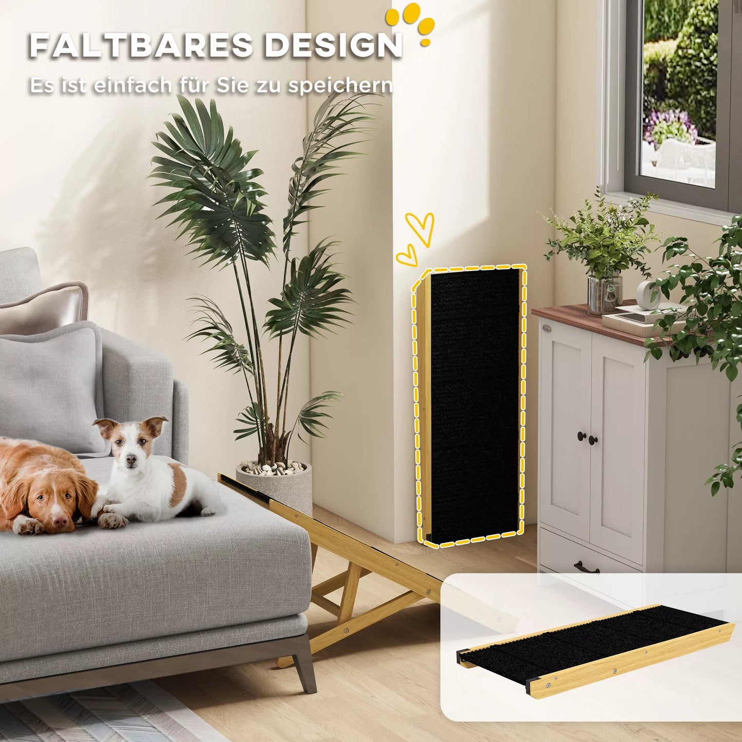 Naminių gyvūnų rampa, reguliuojama, 4 pakopos, neslidži, pušies medžio, sulankstoma, skirta šunims iki 15 kg