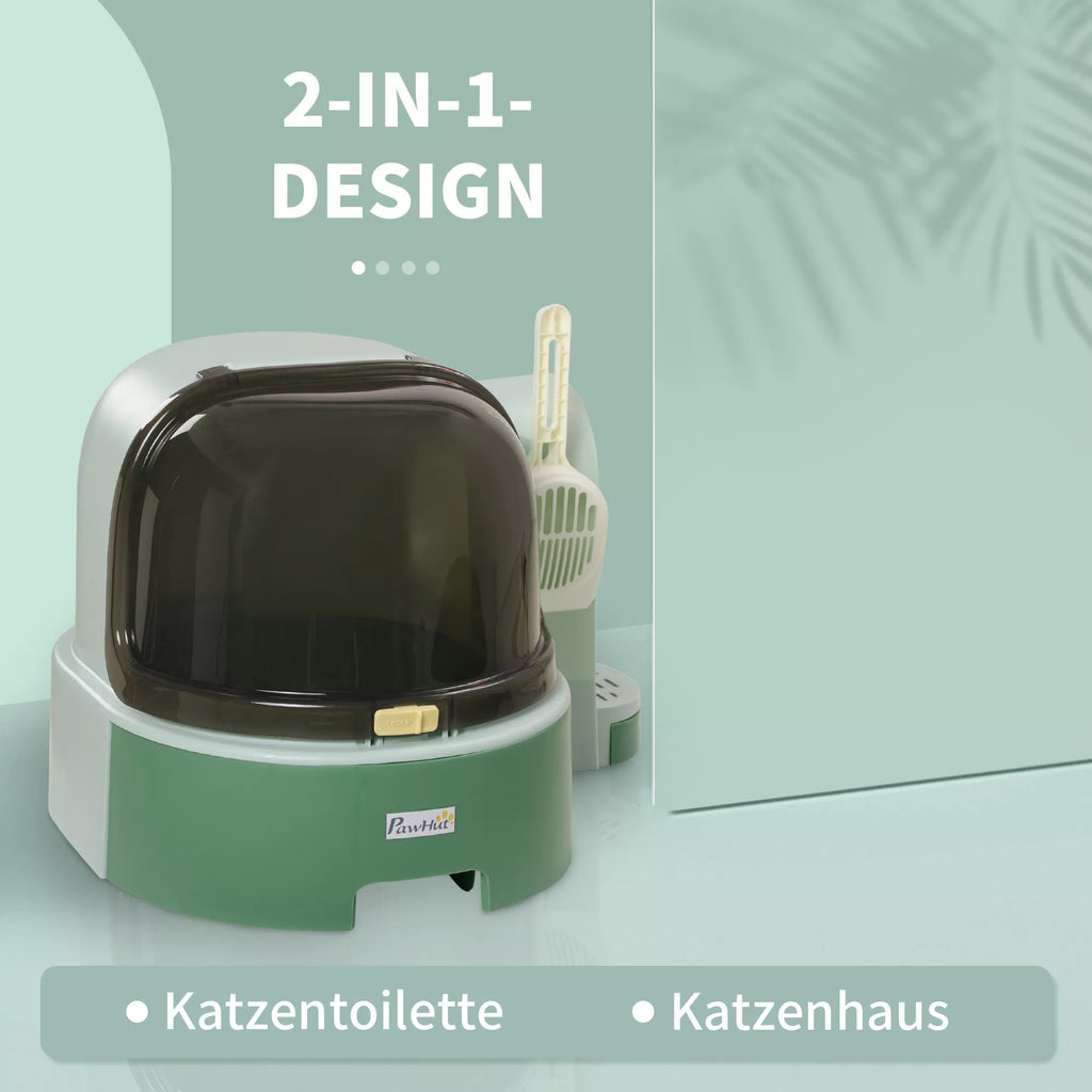 Katės tualetas, 2 ištraukiami dugno padėklai, 1 kastuvėlis, kraiko surinkimo dėklas, nuimamas gaubtas, žalias + juodas