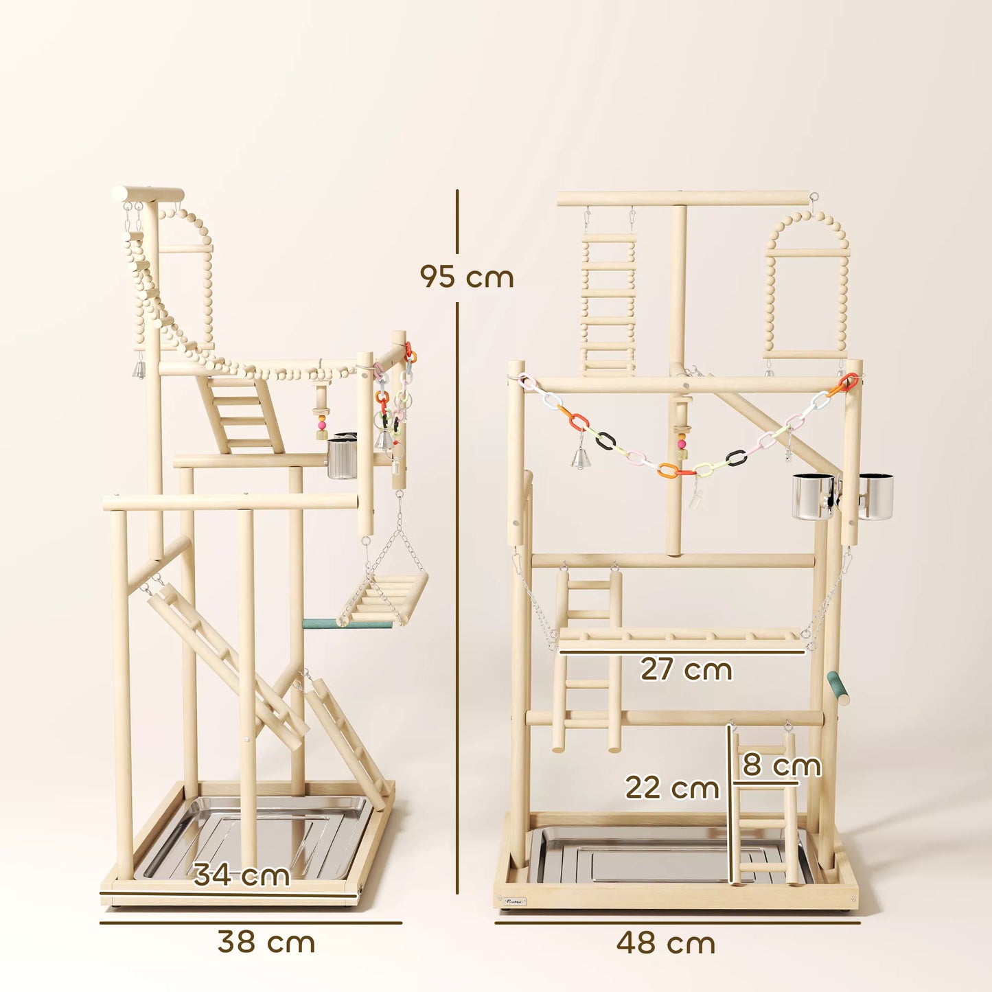 Putnu statīvs, putnu statīva komplekts, 4 līmeņi, nerūsējošā tērauda paplāte, rotaļlietas, dabīgs koks