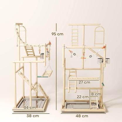 Putnu statīvs, putnu statīva komplekts, 4 līmeņi, nerūsējošā tērauda paplāte, rotaļlietas, dabīgs koks