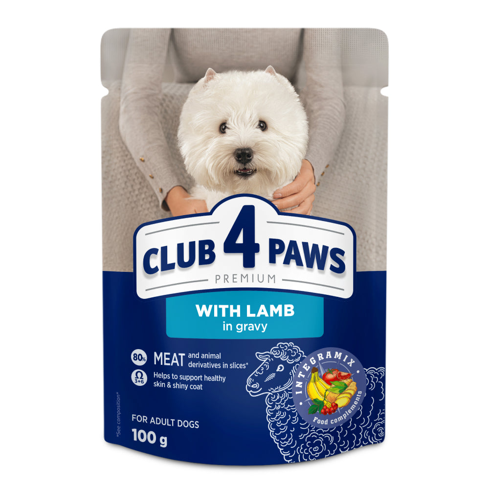 CLUB 4 PAWS Premium konservuotas ėdalas mažų veislių šunims su ėriena padaže 24x100 gr