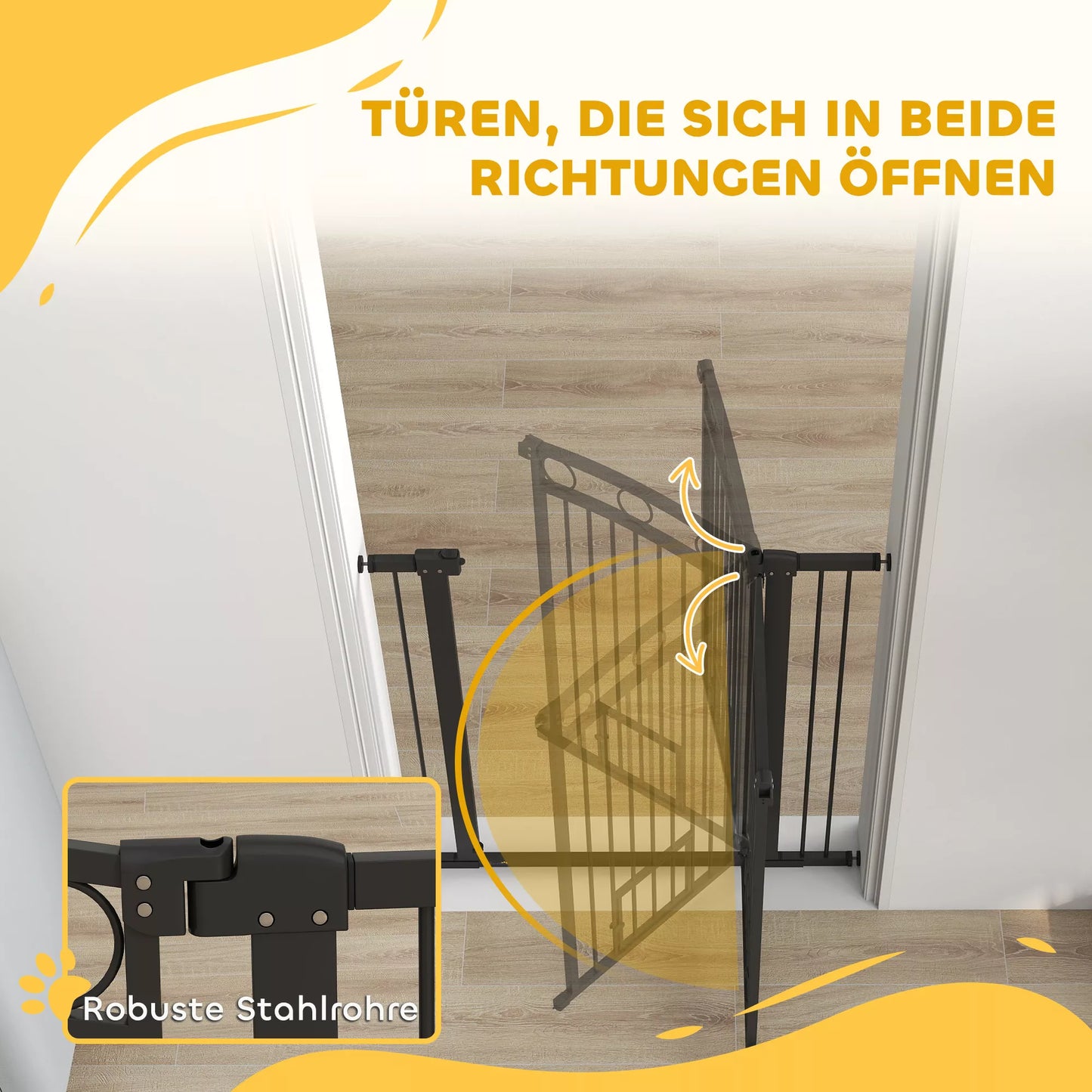 106 cm aukščio reguliuojamo pločio gyvūnų varteliai su integruotomis katės durelėmis, skirti laiptams ir durų staktoms, juodi