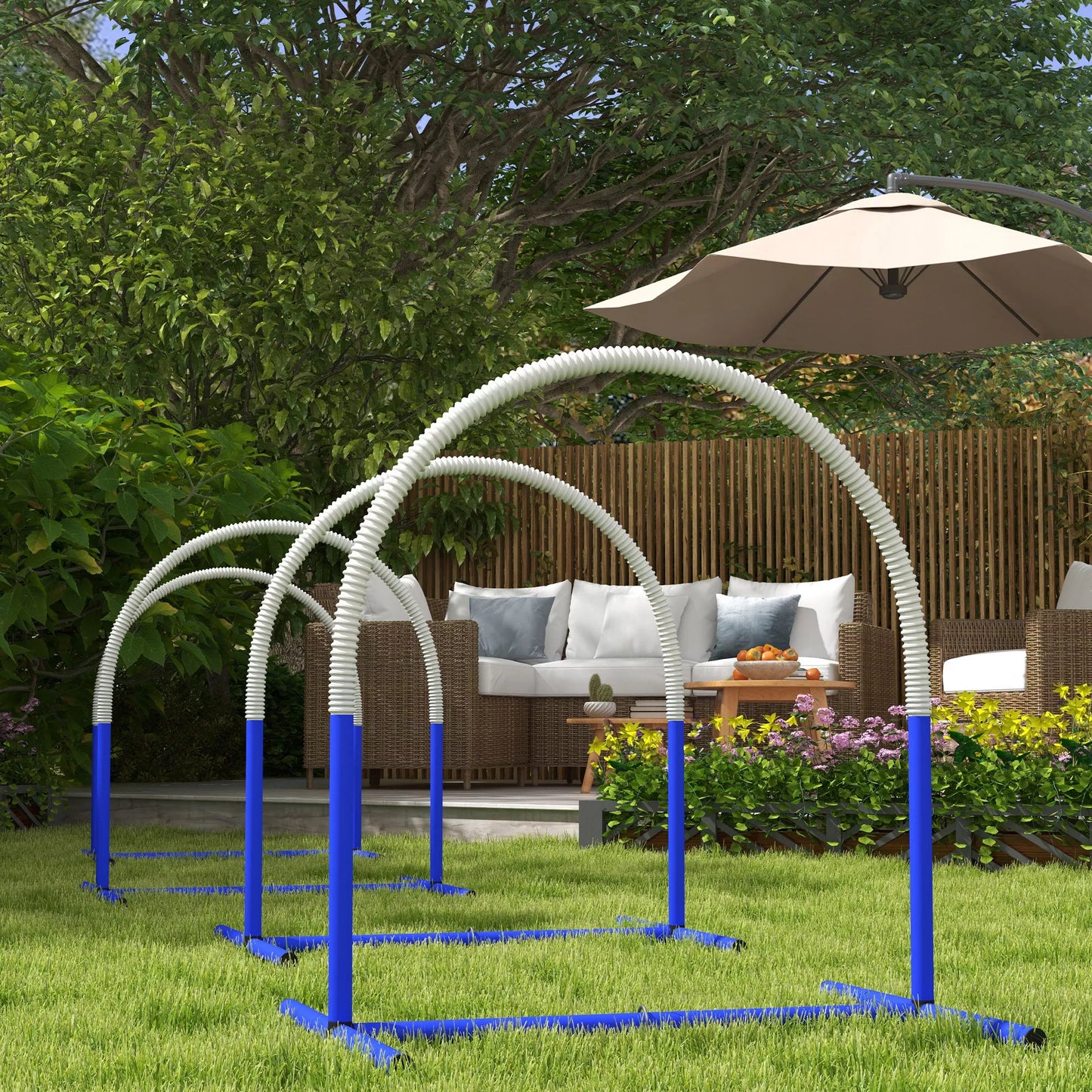 Agiliti rinkinys šunims, dresūrai, 4 lankai, pradedantiesiems, su nešiojimo krepšiu, mėlynas+baltas, 88 x 64 x 95cm