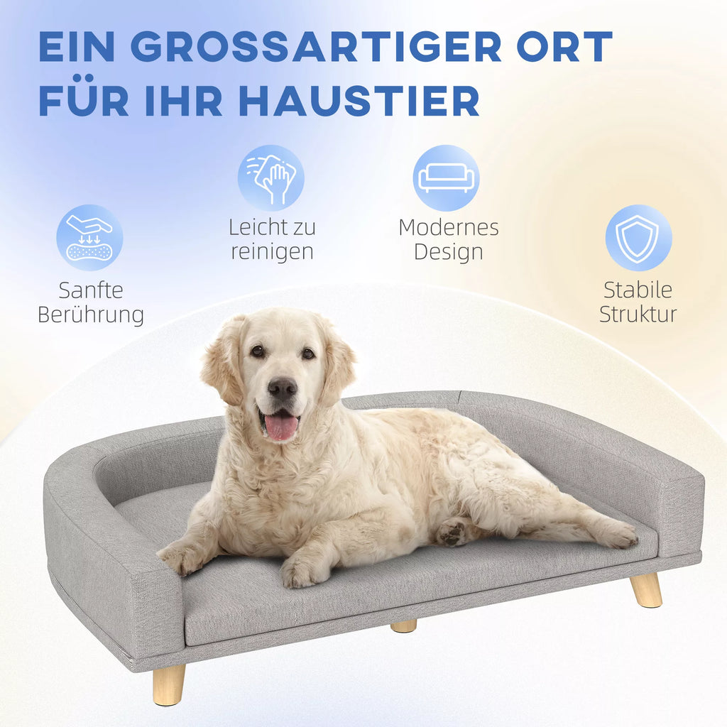 Šunų sofa dideliems šunims iki 30 kg, paminkštinta, su pušies medienos kojelėmis, 98 x 67 x 25 cm, pilka