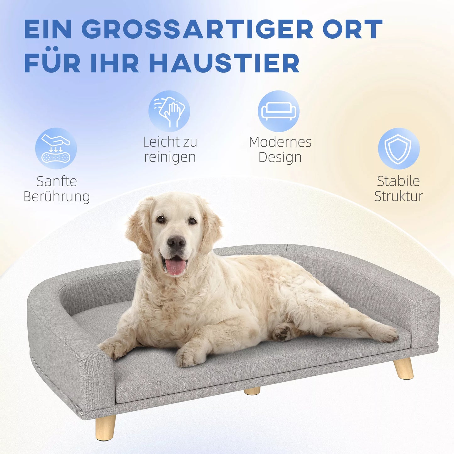 Šunų sofa dideliems šunims iki 30 kg, paminkštinta, su pušies medienos kojelėmis, 98 x 67 x 25 cm, pilka