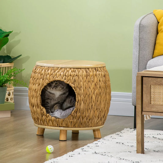 Cat house made of water hyacinth grass, washable cushion, 44 cm x 43 cm x 42 cm Light brown + Natural wood + Grey