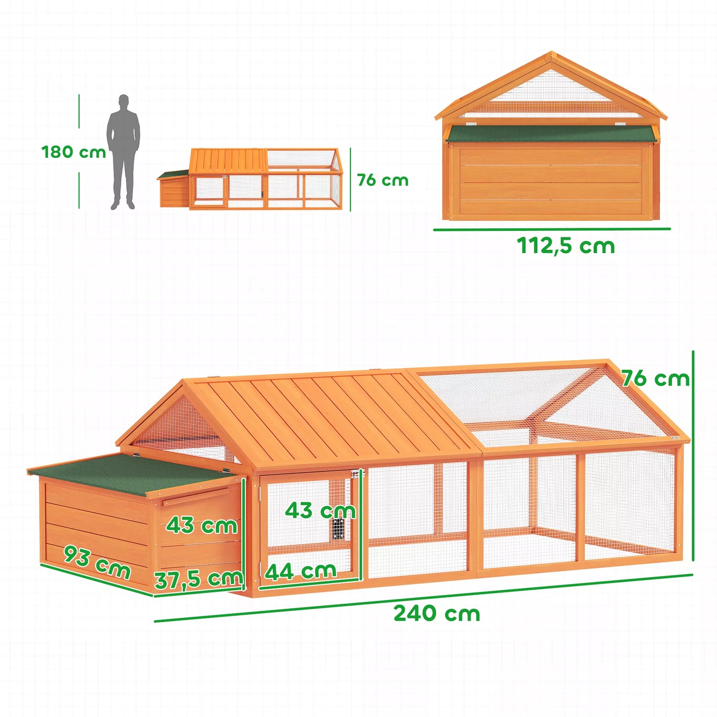 Vištidė Laisvai laikomų paukščių aptvaras 2,4 x 1,125 x 0,76 m Laisvai laikomų paukščių aptvaras su spyna Atverčiamos durys Stogas Eglės mediena Oranžinė