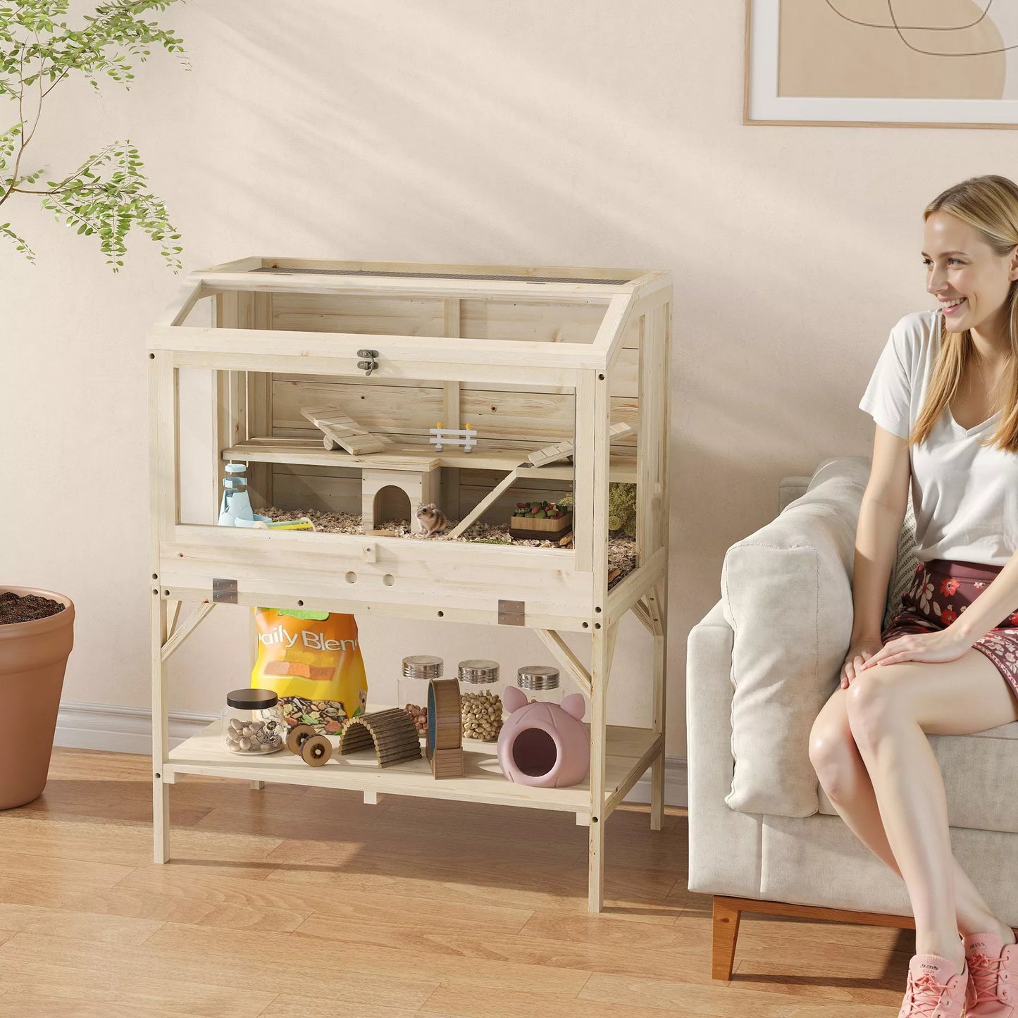 Hamsterio narvelis, 2 lygiai, narvelis smulkiesiems gyvūnams su daiktų laikymo skyriumi, priedai, 84 x 53 x 110 cm, natūralus medis