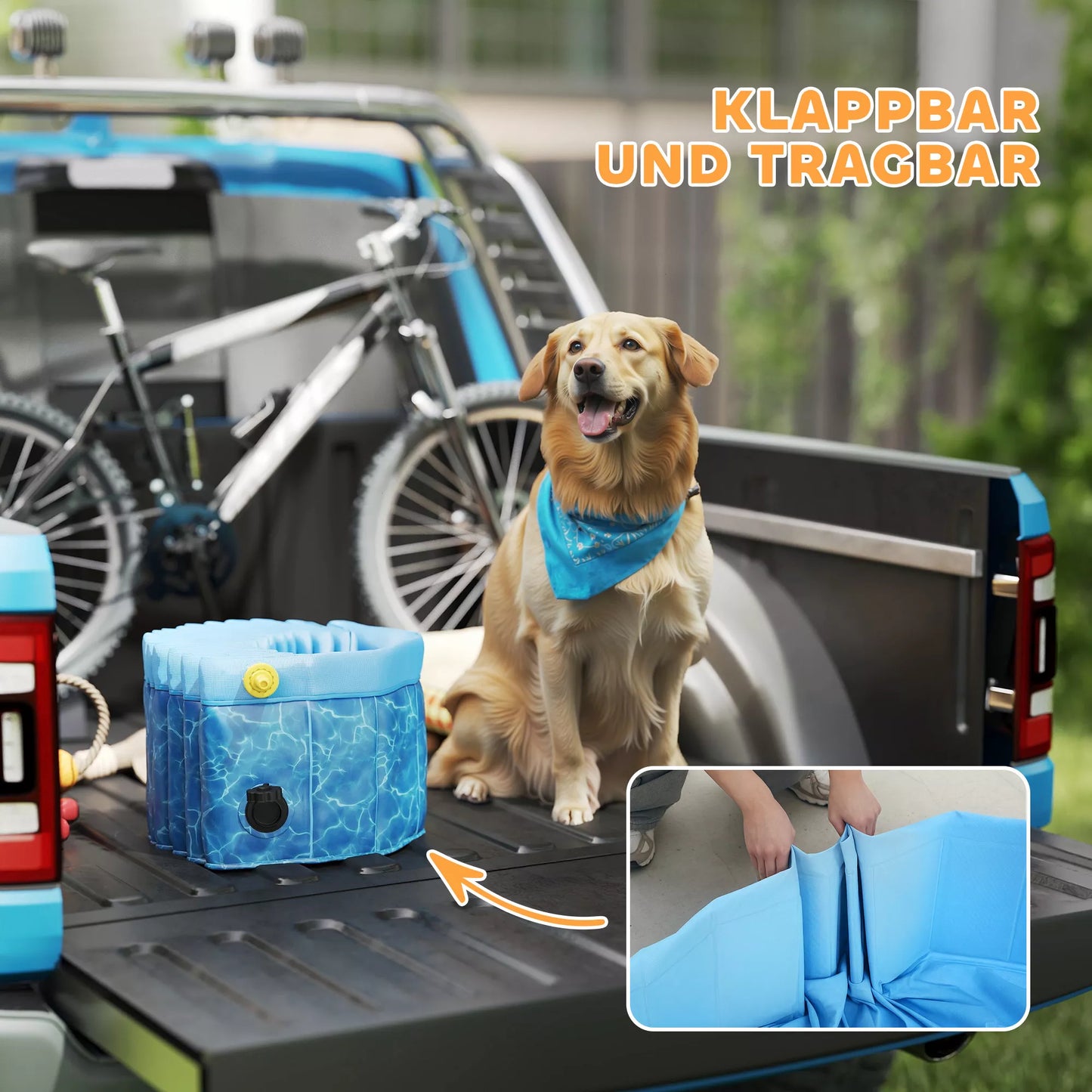 Sulankstomas šunų baseinas su fontano ir vandens pagalvės dizainu Ø120 x 30 cm Mėlynas