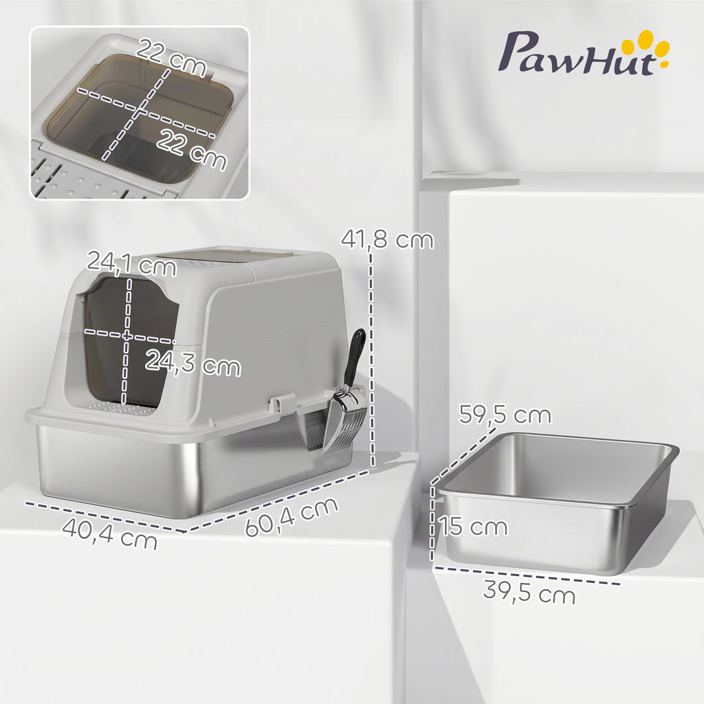 Uždaras kačių tualetas su plieniniu padėklu ir išėjimu viršuje, iki 8 kg, 60,4x40,4x41,8 cm, šviesiai pilkas