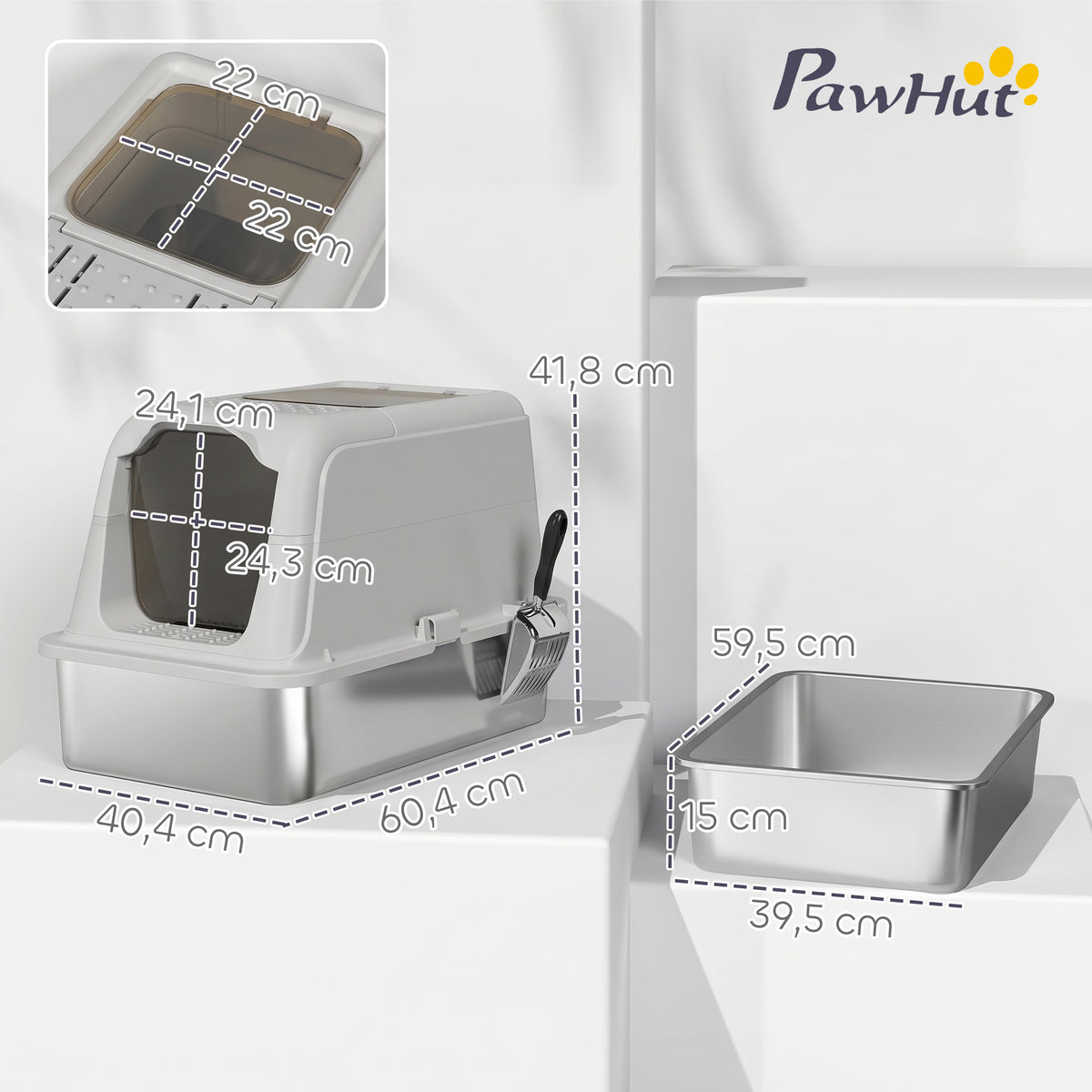 Uždaras kačių tualetas su plieniniu padėklu ir išėjimu viršuje, iki 8 kg, 60,4x40,4x41,8 cm, šviesiai pilkas