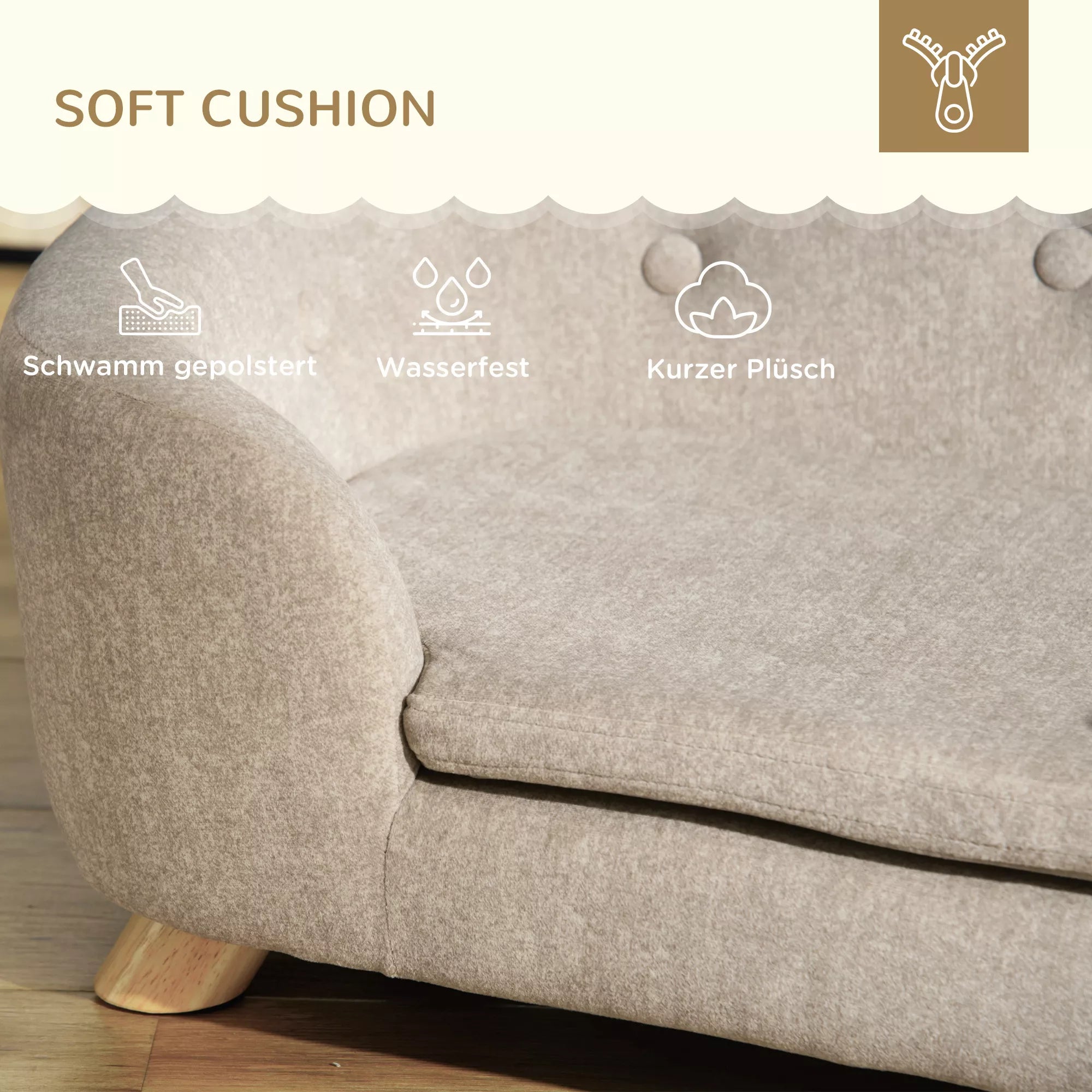 Sofa naminiams gyvūnėliams, šunų kilimėlis, šunų lova, šunų sofa, šunų kušetė, katės sofa su pagalvėle, kišenė gale, pliušas, putos, pušies mediena, kreminė balta, 70 x 47 x 30 cm