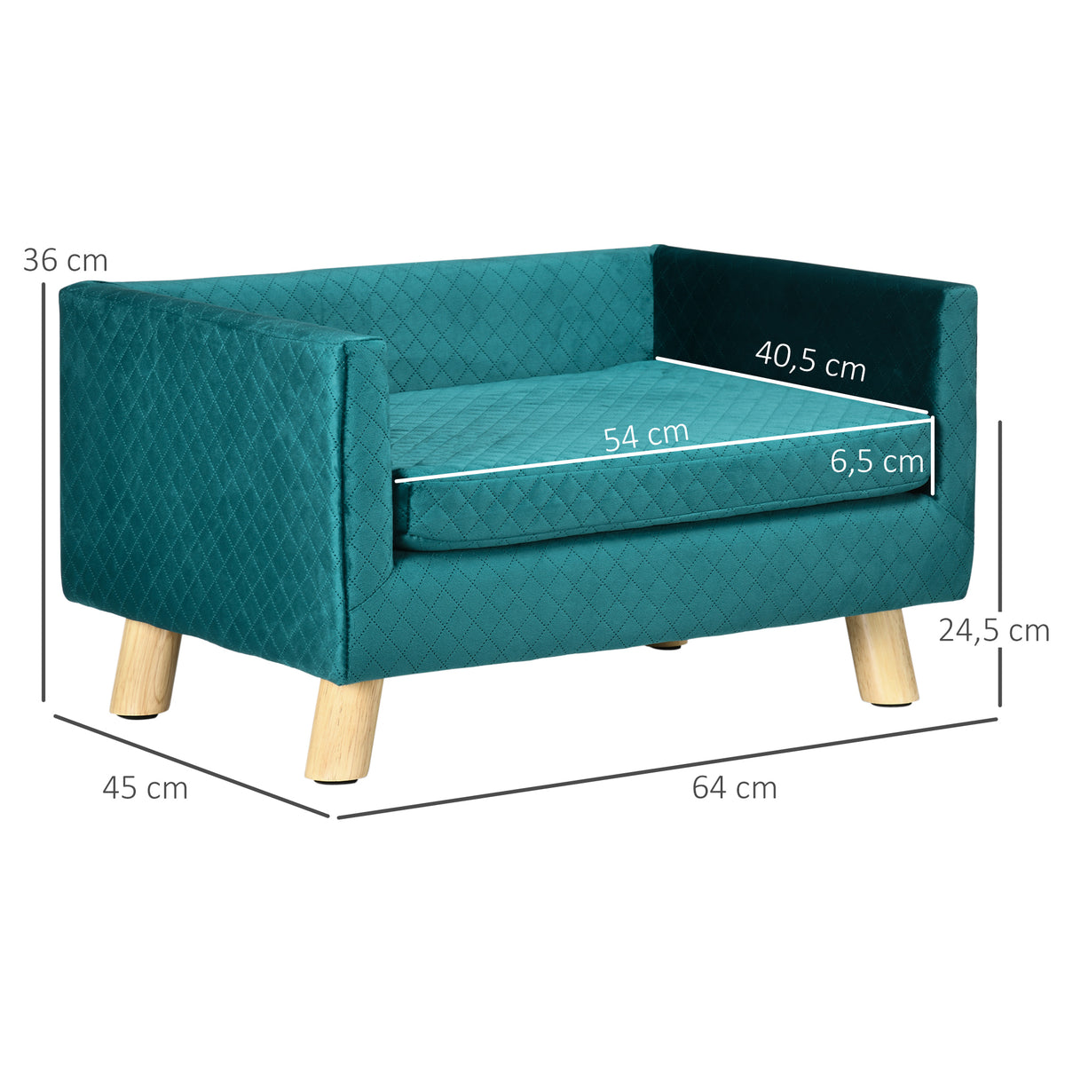 Sofa šunims ir katėms su atlošu ir pagalvėle, aksominė, medinėmis kojelėmis, iki 8 kg, 64x45x36 cm, mėlyna