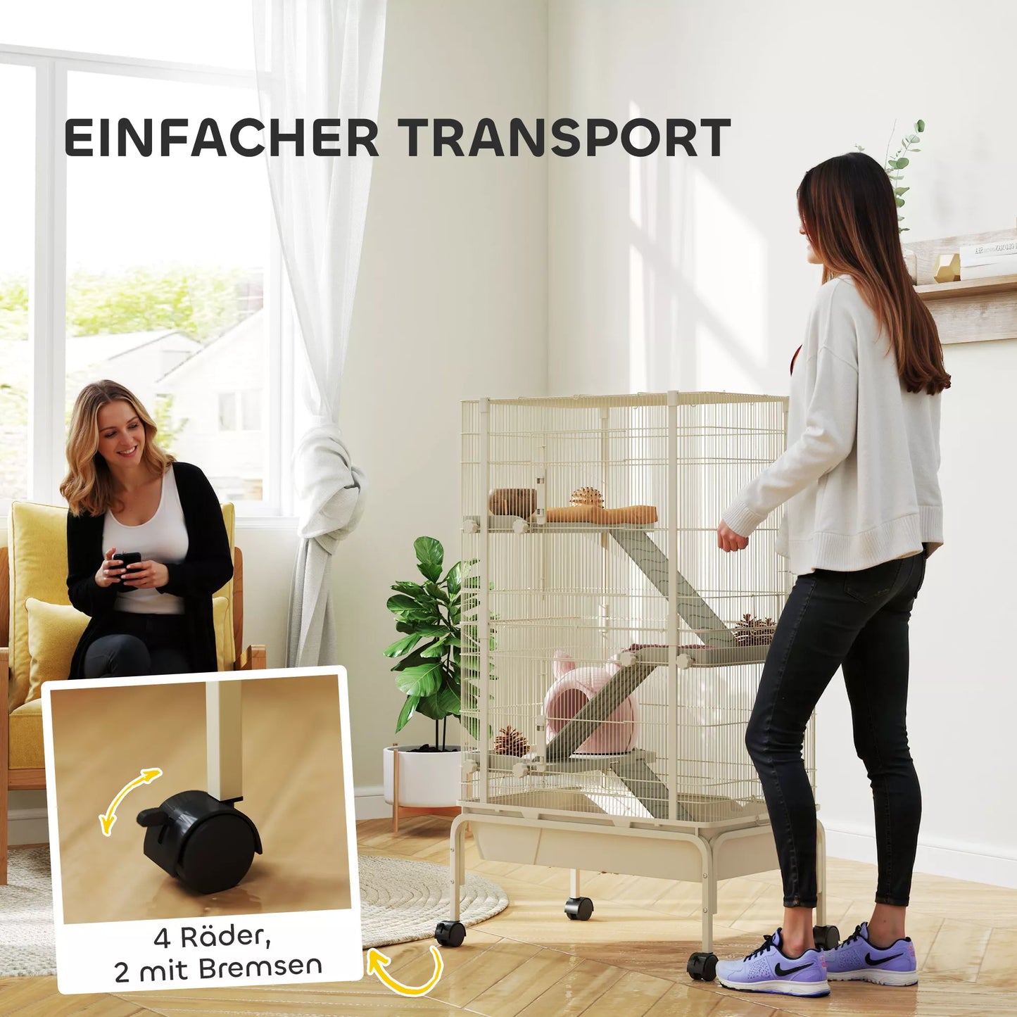 Mažų gyvūnų narvas, naminių gyvūnų narvas su 4 lygiais, pašaro dubuo, vandens butelis, 88 x 48 x 150,5 cm, smėlio spalvos