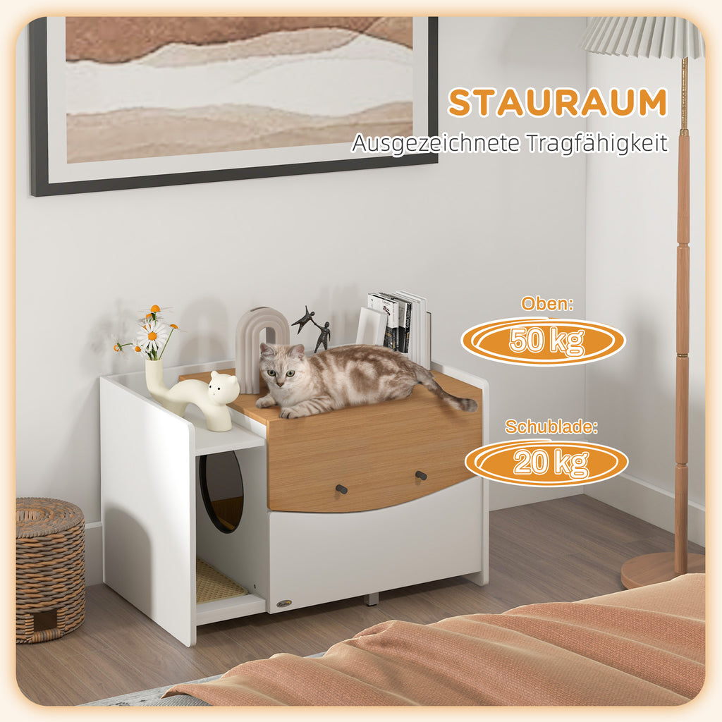 Spintelė kačių tualetui su ištraukiamu stalčiumi ir kilimėliu, katėms iki 5 kg, 78x50x51 cm, ąžuolo/balta
