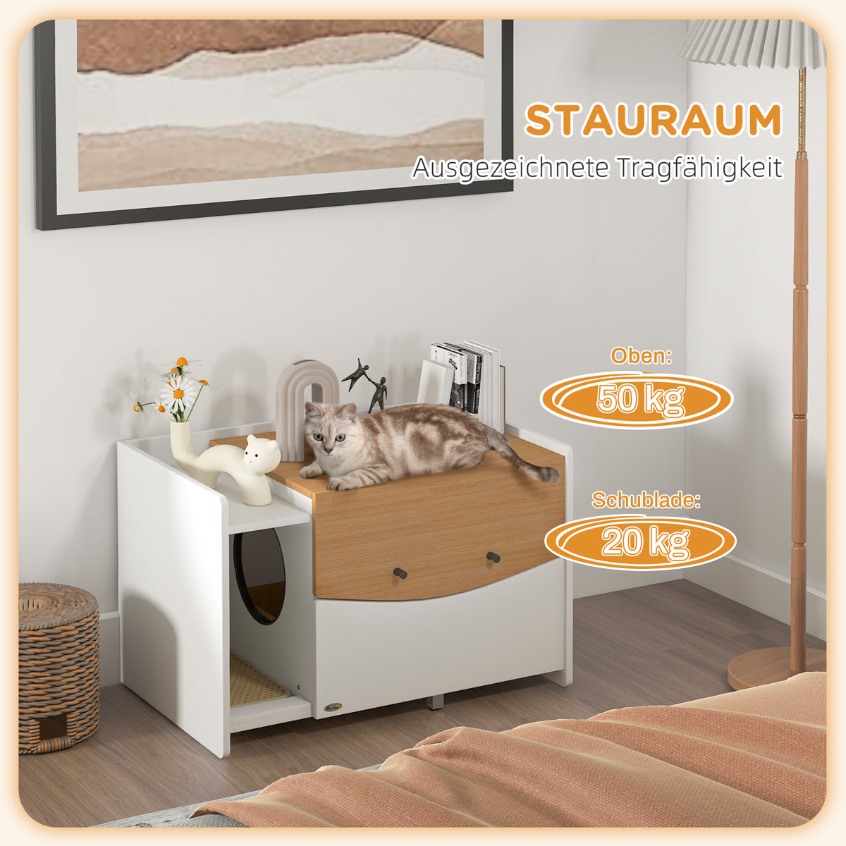 Spintelė kačių tualetui su ištraukiamu stalčiumi ir kilimėliu, katėms iki 5 kg, 78x50x51 cm, ąžuolo/balta