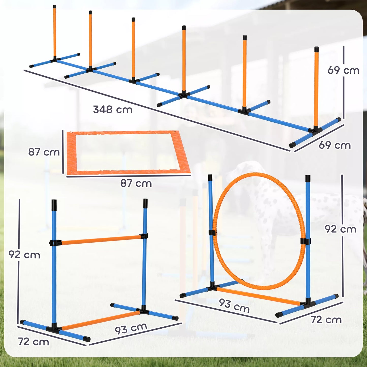 Agility rinkinys šunims, 7 dalys. Agility įranga šunų dresūrai. Sudedamų kliūčių rinkinys žaidimams ir treniruotėms.