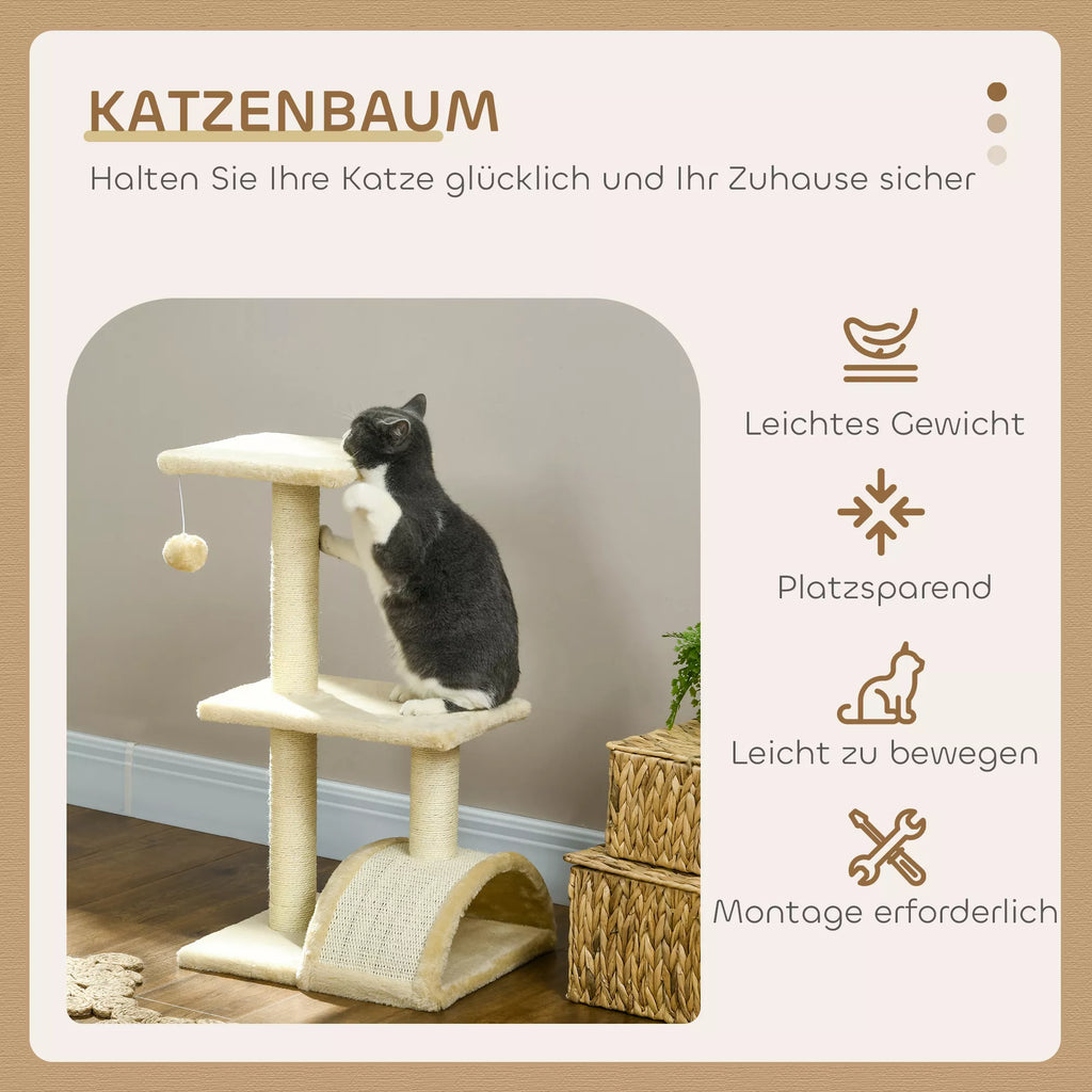 Kaķu māja 72 cm, kaķu tornis ar plīša bumbiņām, sizala stabi, platforma, skrāpējamais stabs, krēmbalts