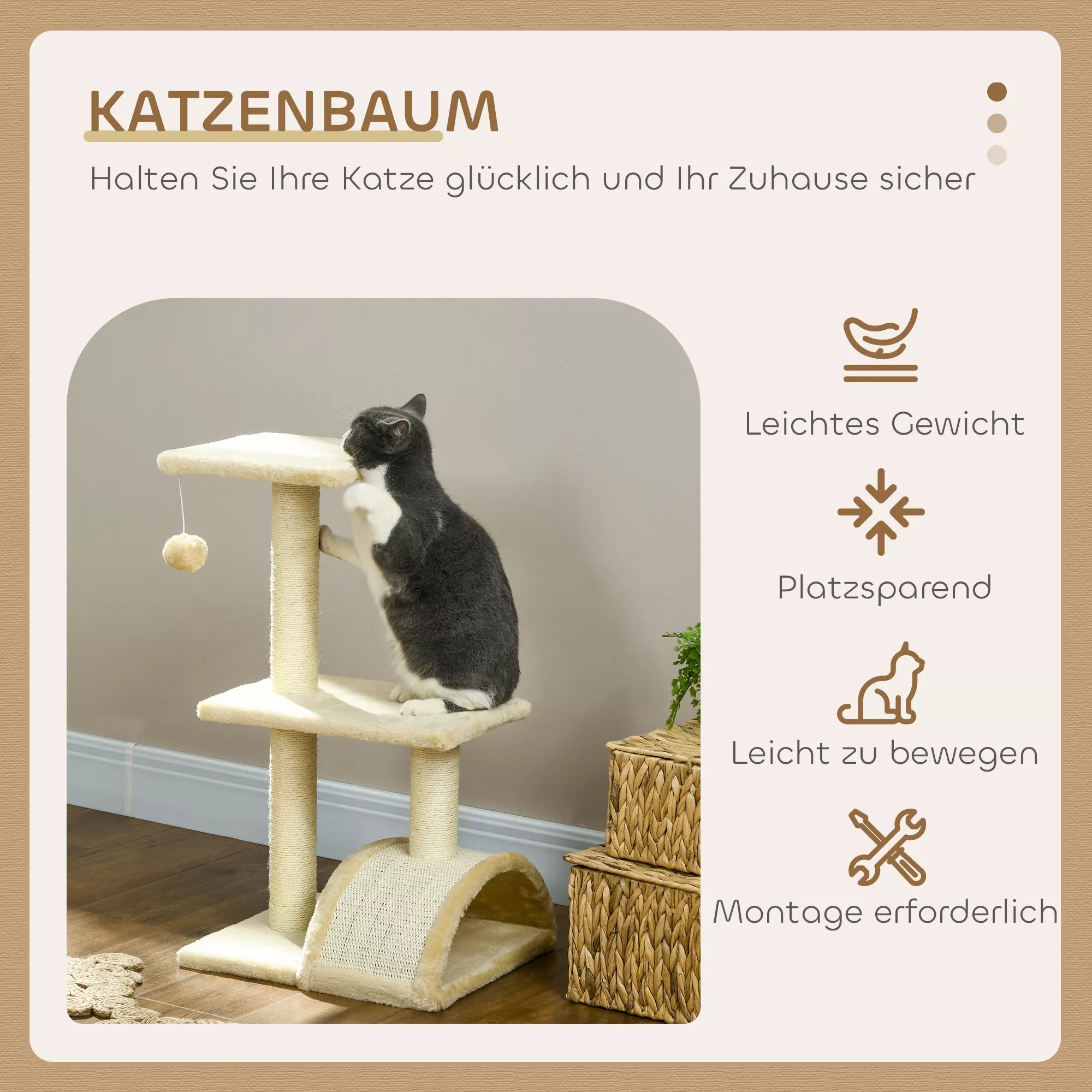Kaķu māja 72 cm, kaķu tornis ar plīša bumbiņām, sizala stabi, platforma, skrāpējamais stabs, krēmbalts
